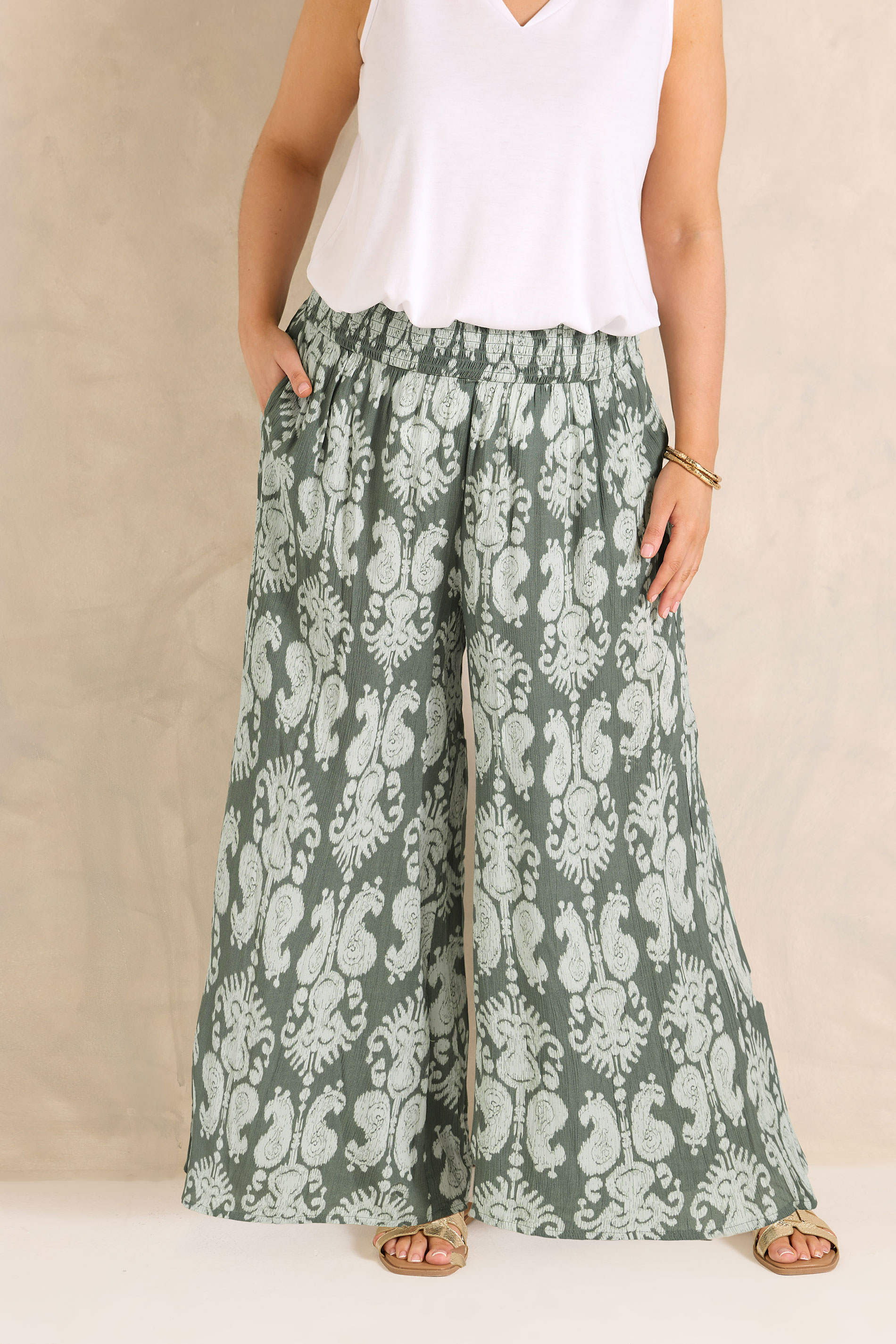 EVANS Plus Size Green Abstract Shirred Waist Trousers | Evans 4