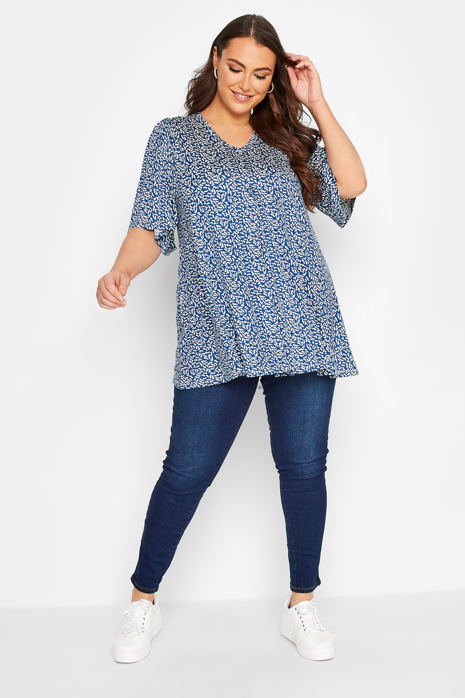 Plus Size Blue Printed Pleat Front Top | Yours Clothing 2