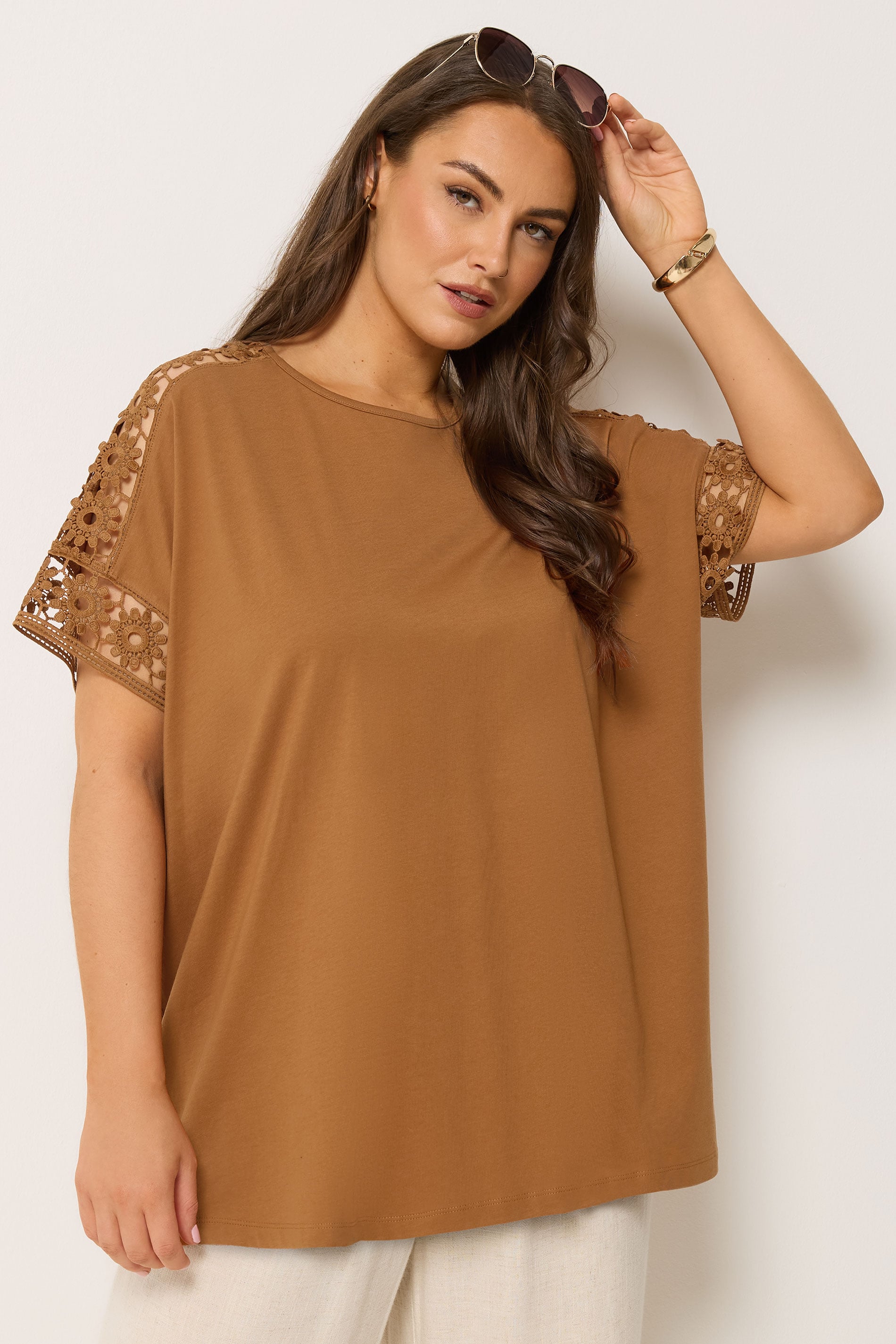 YOURS Curve Orange Crochet Sleeve Boxy T-Shirt | Yours Clothing 1