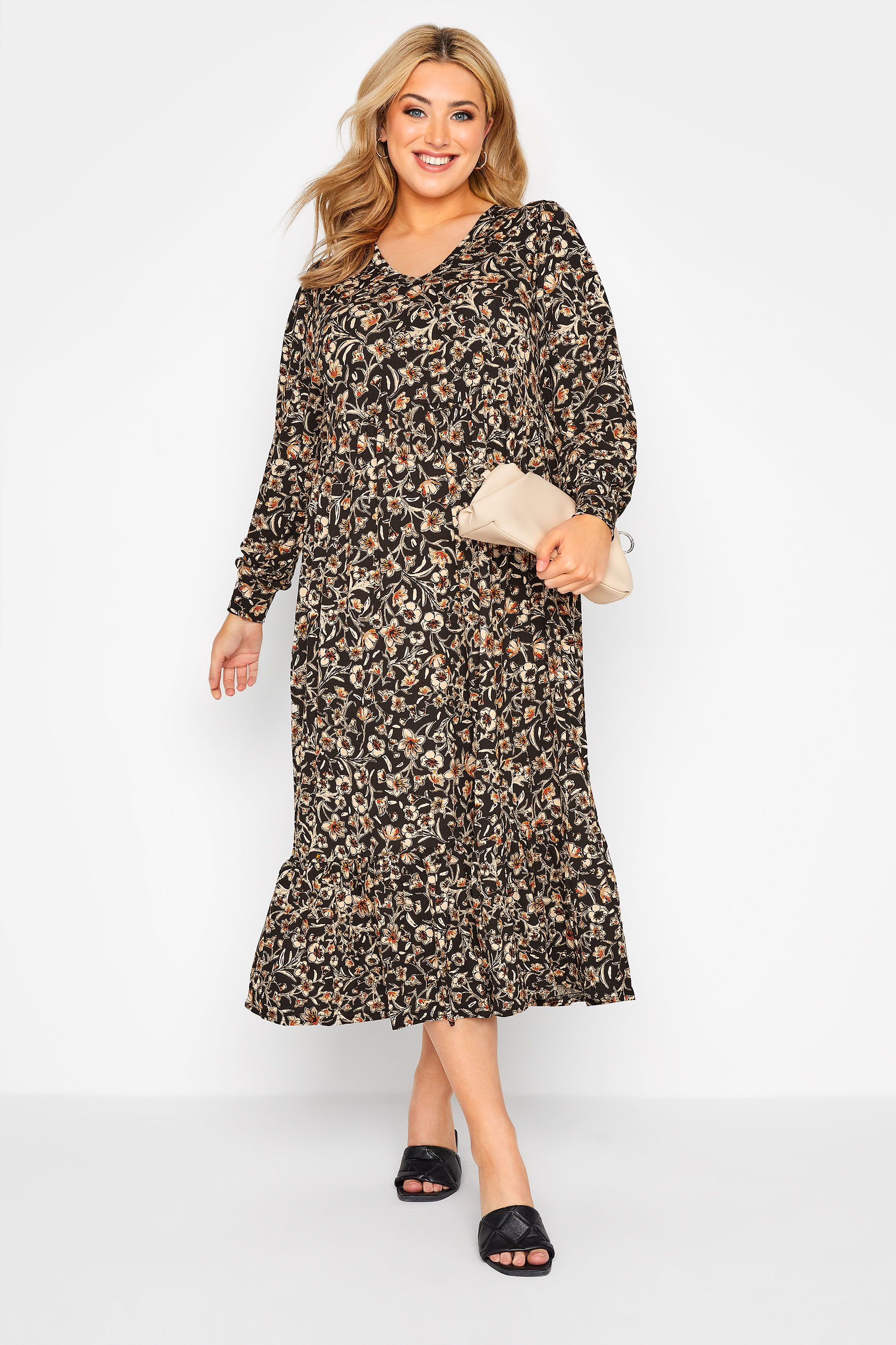 Robes Grande Taille Grande taille  Robes Manches Longues | LIMITED COLLECTION - Robe Noire Floral Volanté - QI06663