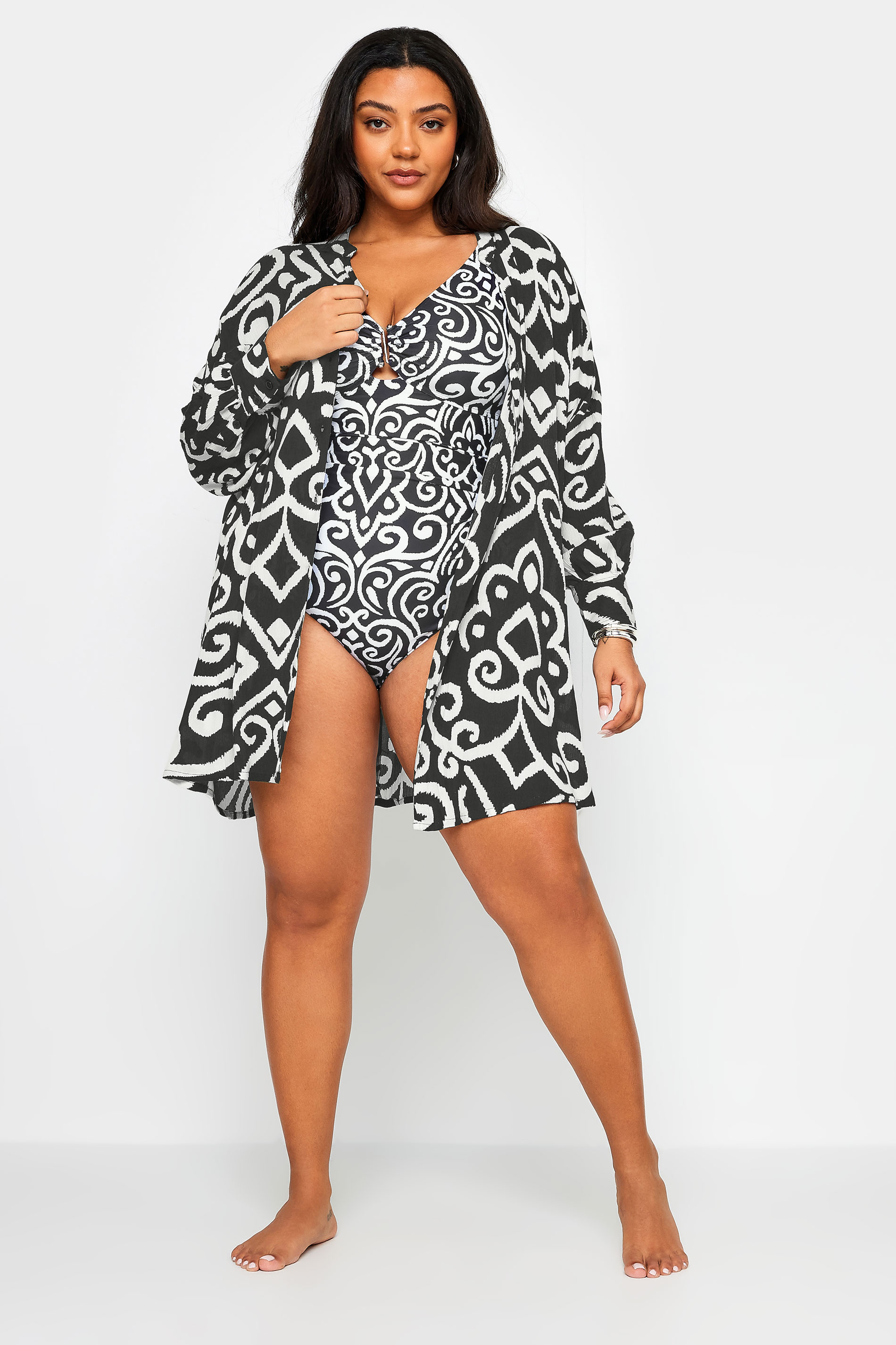 YOURS Plus Size Black Abstract Print Crinkle Beach Shirt | Yours Clothing 2