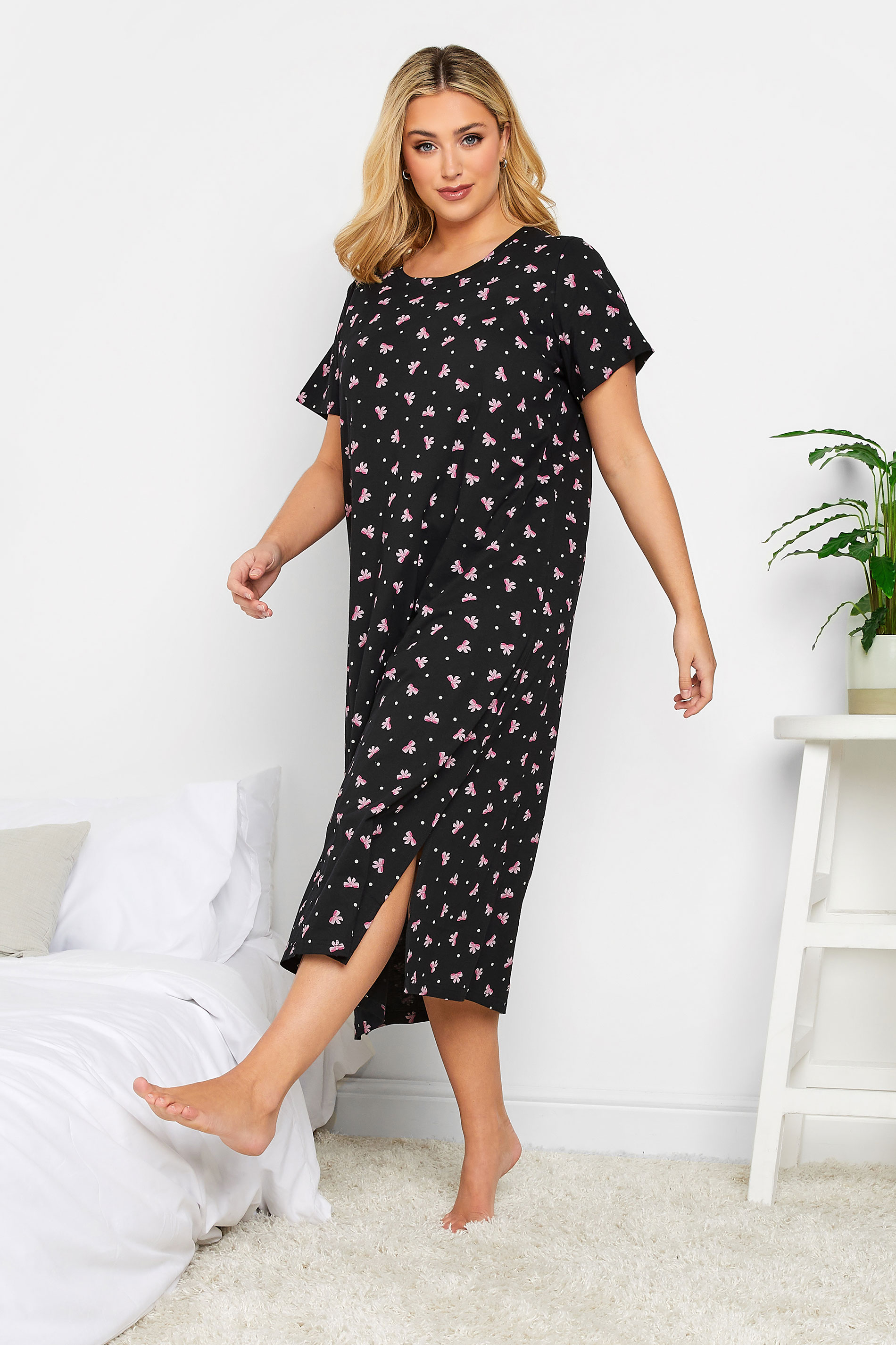 Plus Size Black Bow Polka Dot Print Midaxi Nightdress | Yours Clothing 1