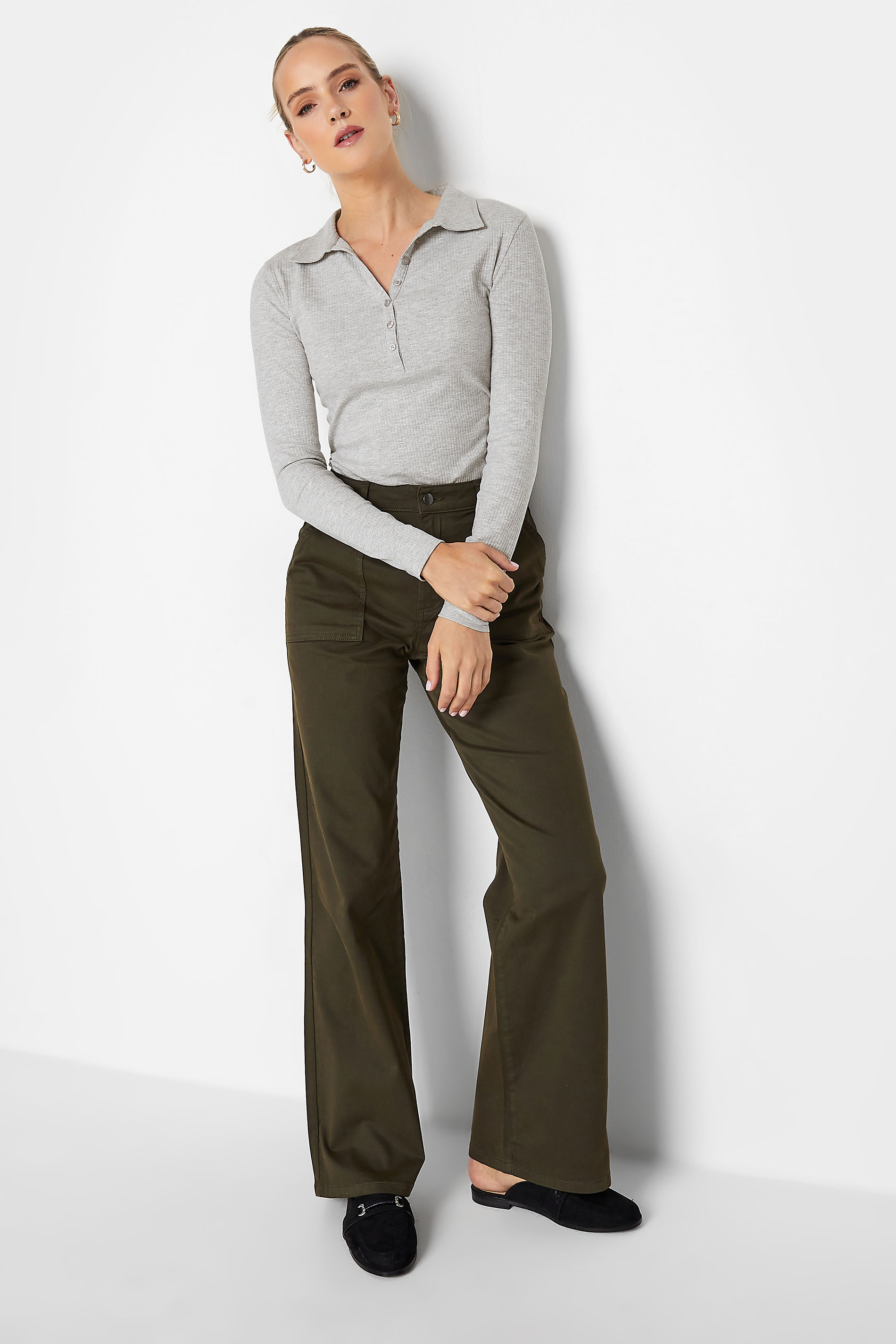 LTS Tall Grey Ribbed Button Detail Collared Top | Long Tall Sally 2