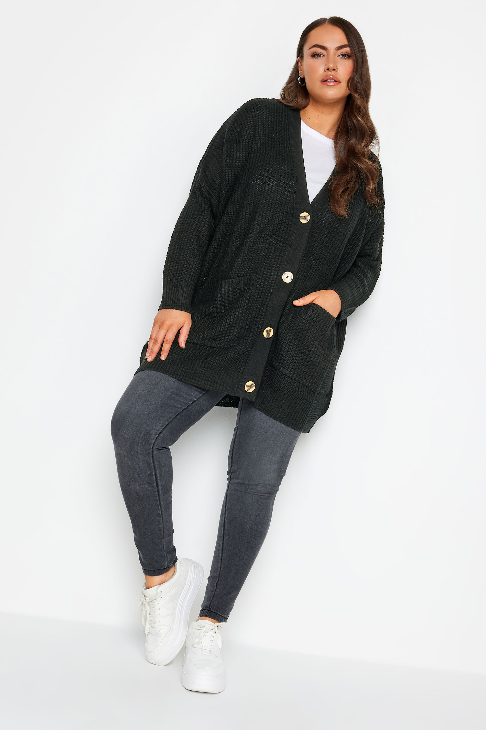 Plus Size Curve Black Button Knitted Cardigan | Yours Clothing 2