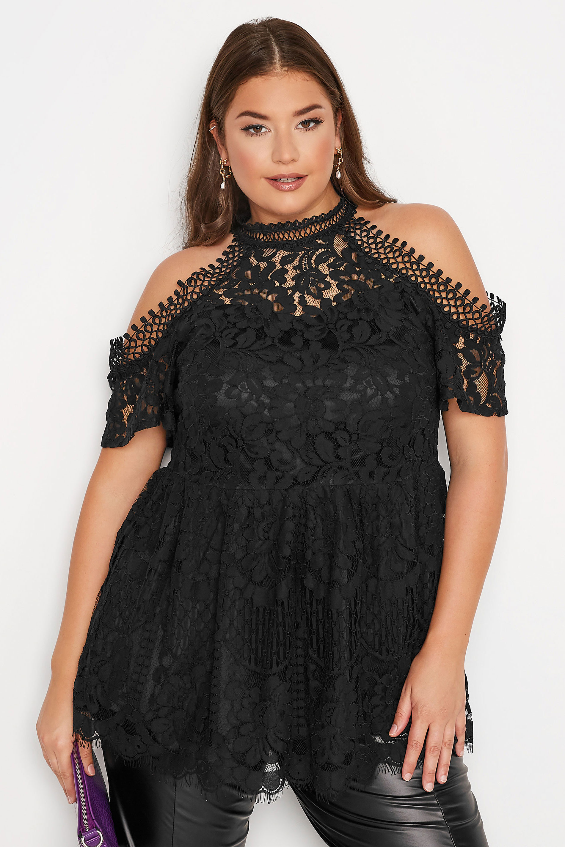 YOURS LONDON Plus Size Black Cold Shoulder Lace Top | Yours Clothing 1