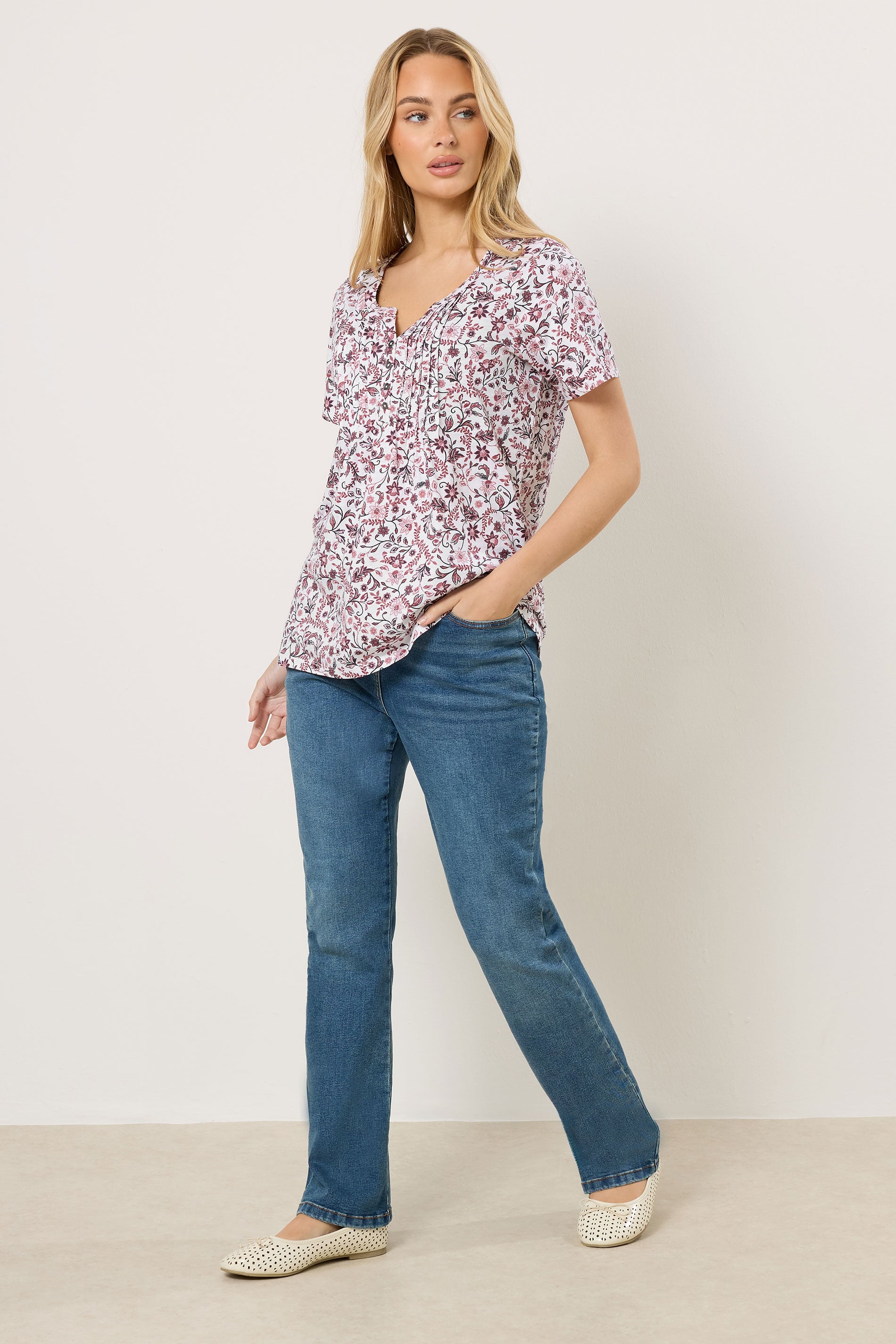 M&Co Pink Floral Short Sleeve Henley Top | M&Co 1