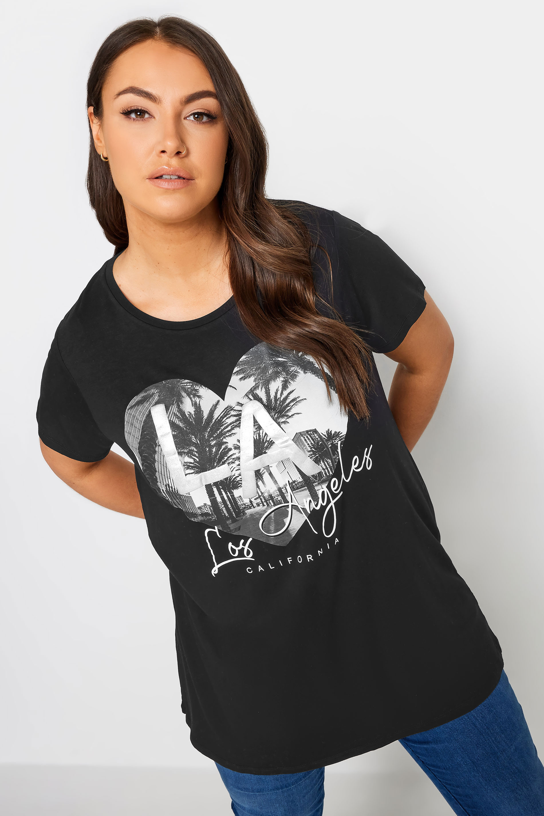 YOURS Plus Size Black Foil Print 'Los Angeles' Slogan T-Shirt | Yours Clothing 1