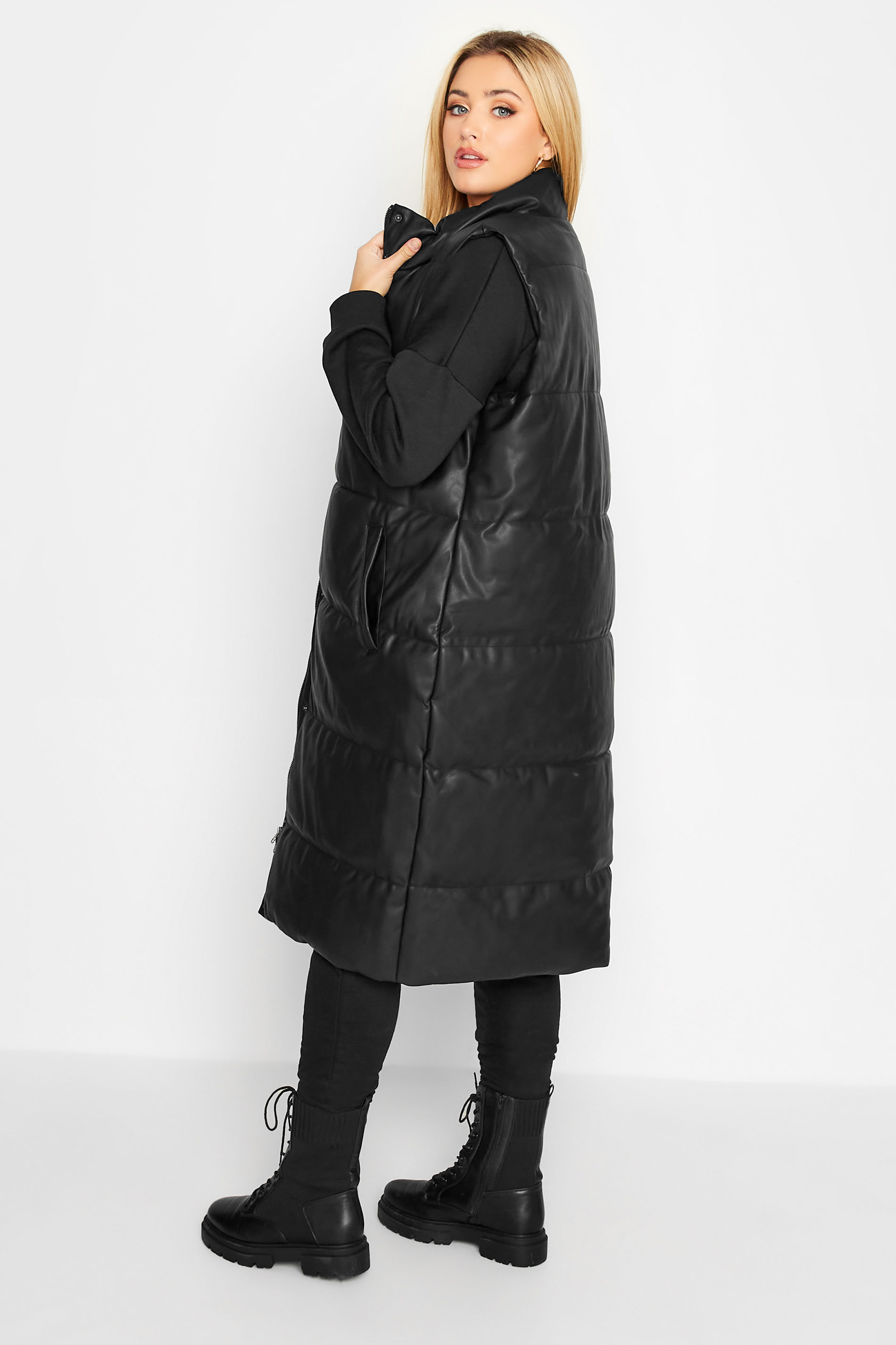Plus Size Black Faux Leather Puffer Gilet | Yours Clothing 3