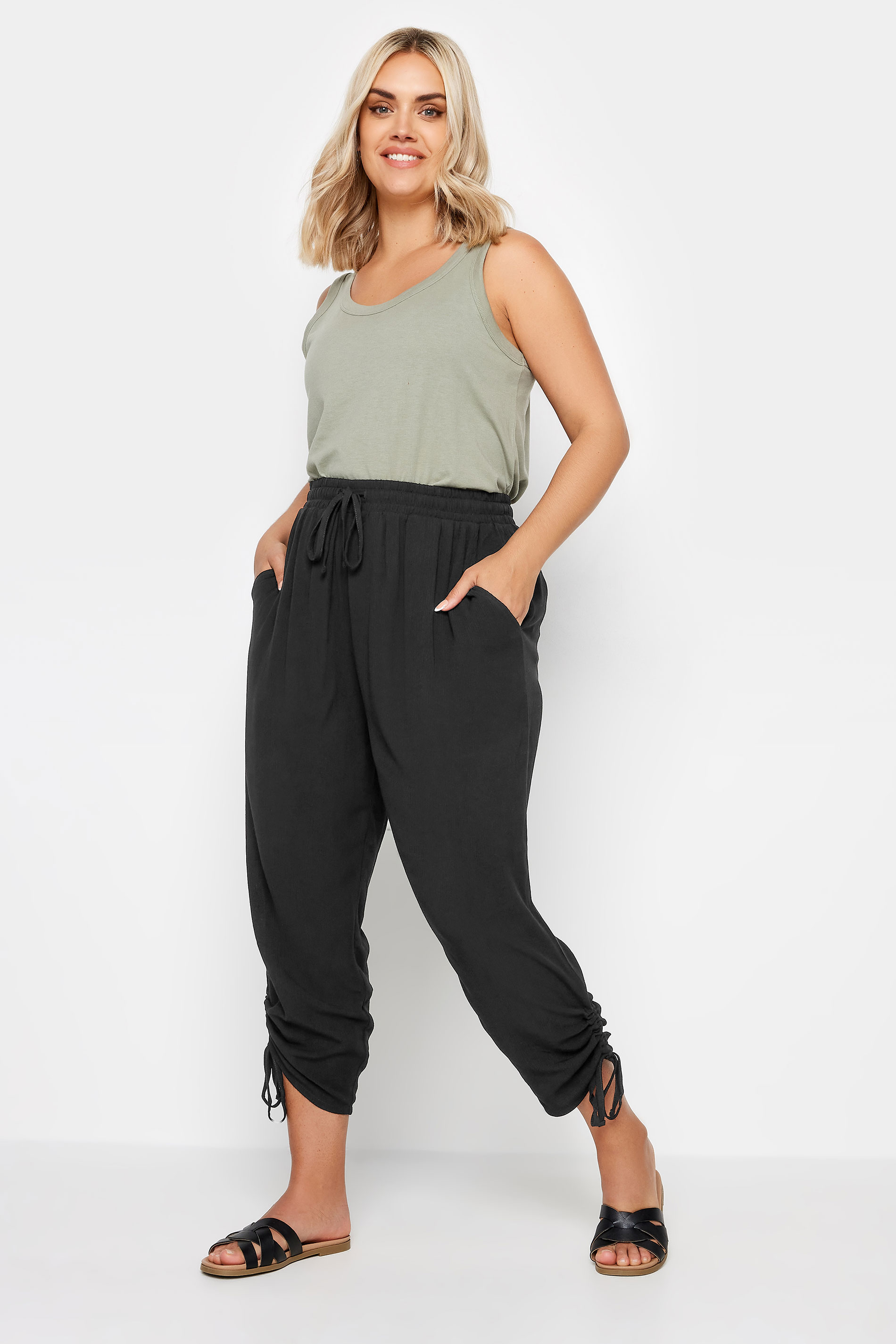 YOURS Plus Size Black Crinkle Ruched Cropped Trousers | Yours Clothing 2