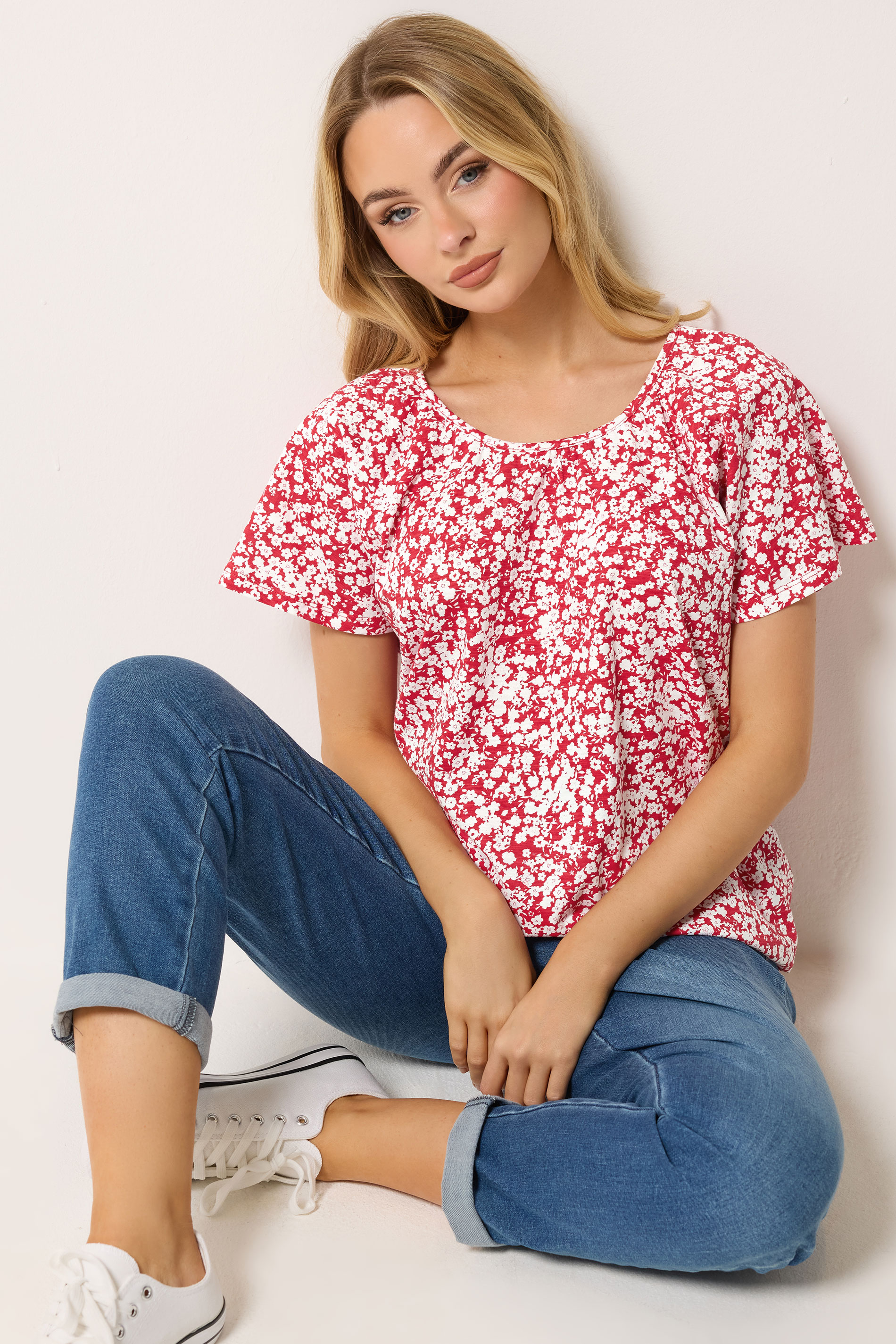 M&Co Red Ditsy Floral Cotton Scoop Neck Top | M&Co 3