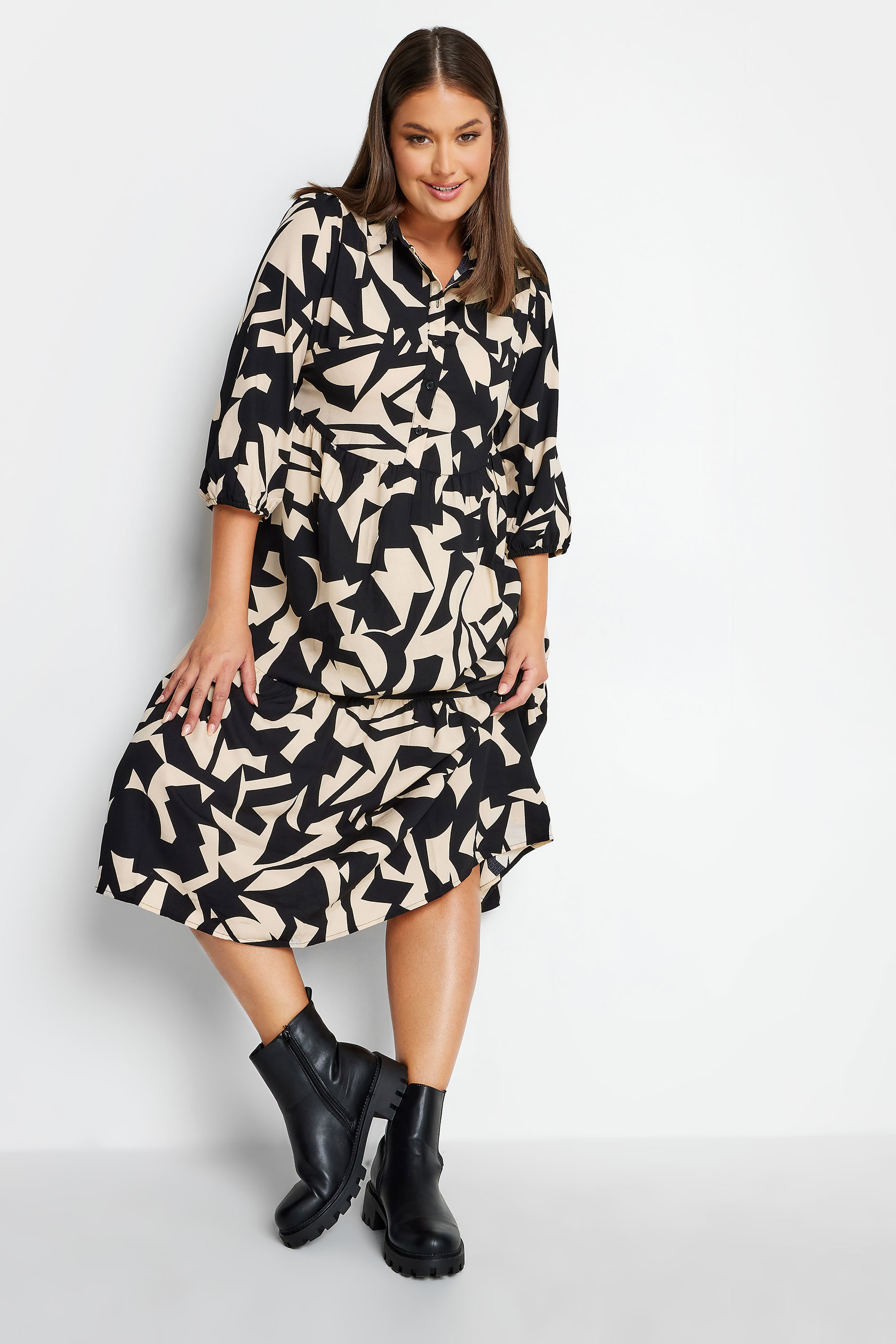 YOURS Curve Black Abstract Print Midi Shirt Dress | Yours Clothing 2