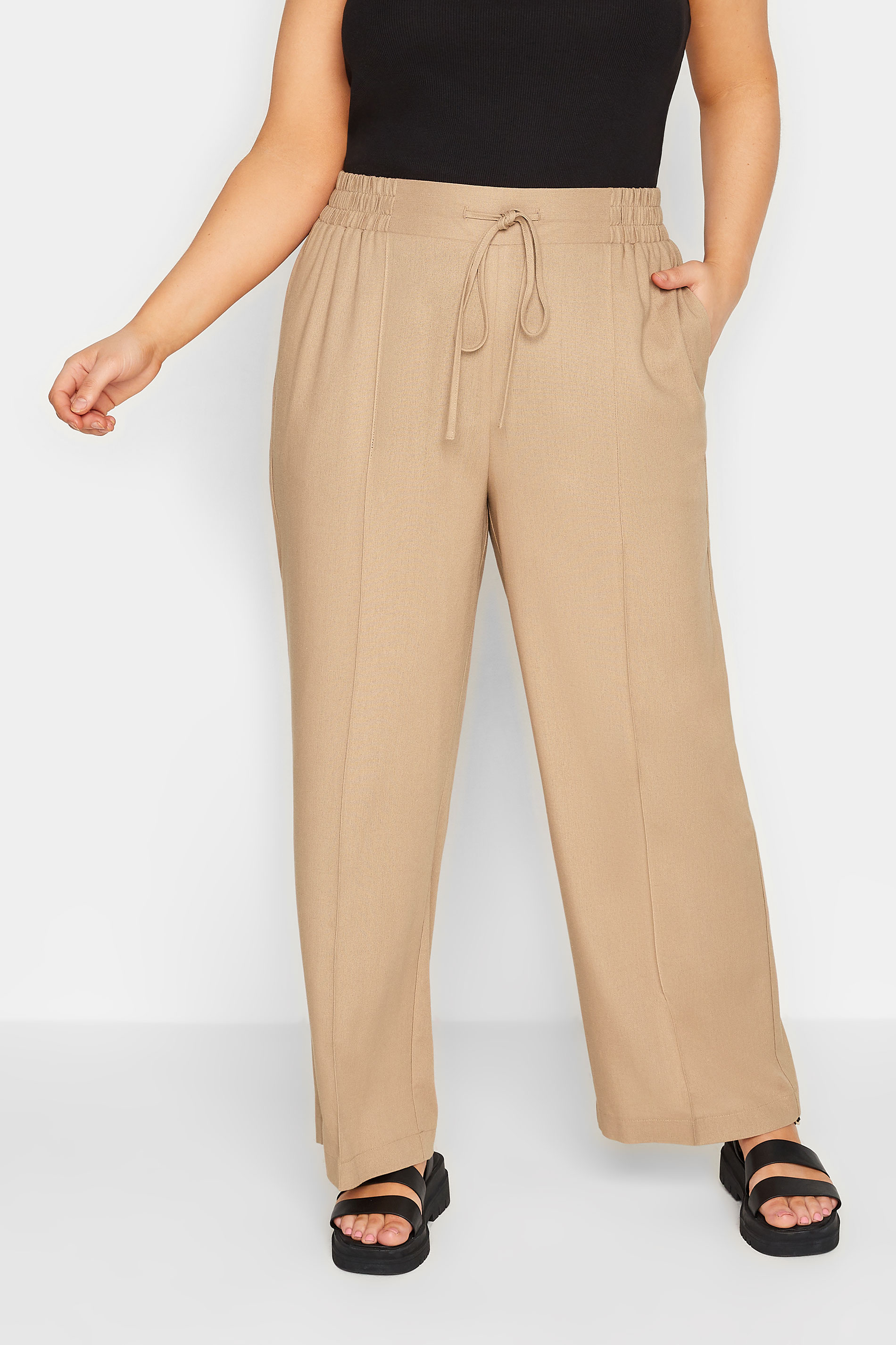 YOURS Curve Plus Size Beige Brown Wide Leg Linen Look Trousers | Yours Clothing  1