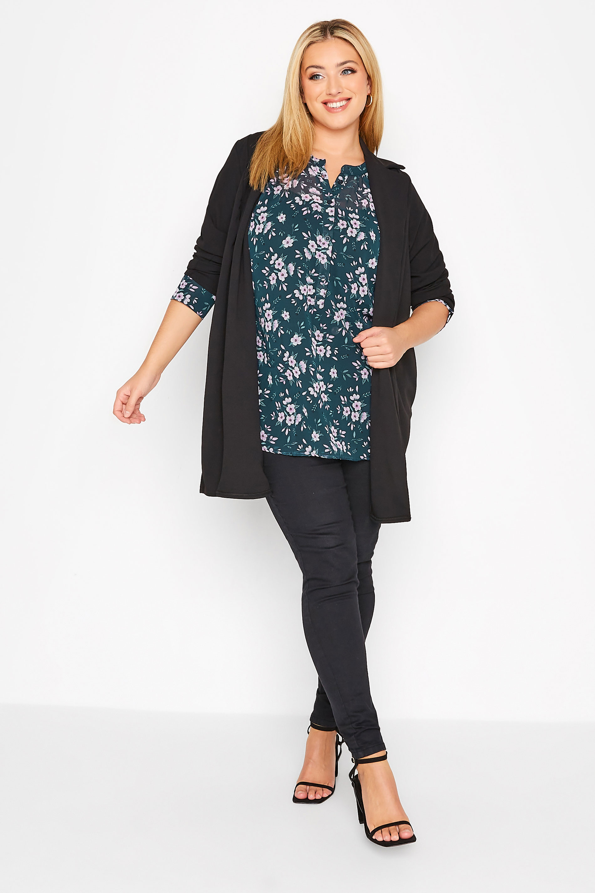 Plus Size Teal Blue Floral Print Balloon Sleeve Shirt | Yours Clothing 2