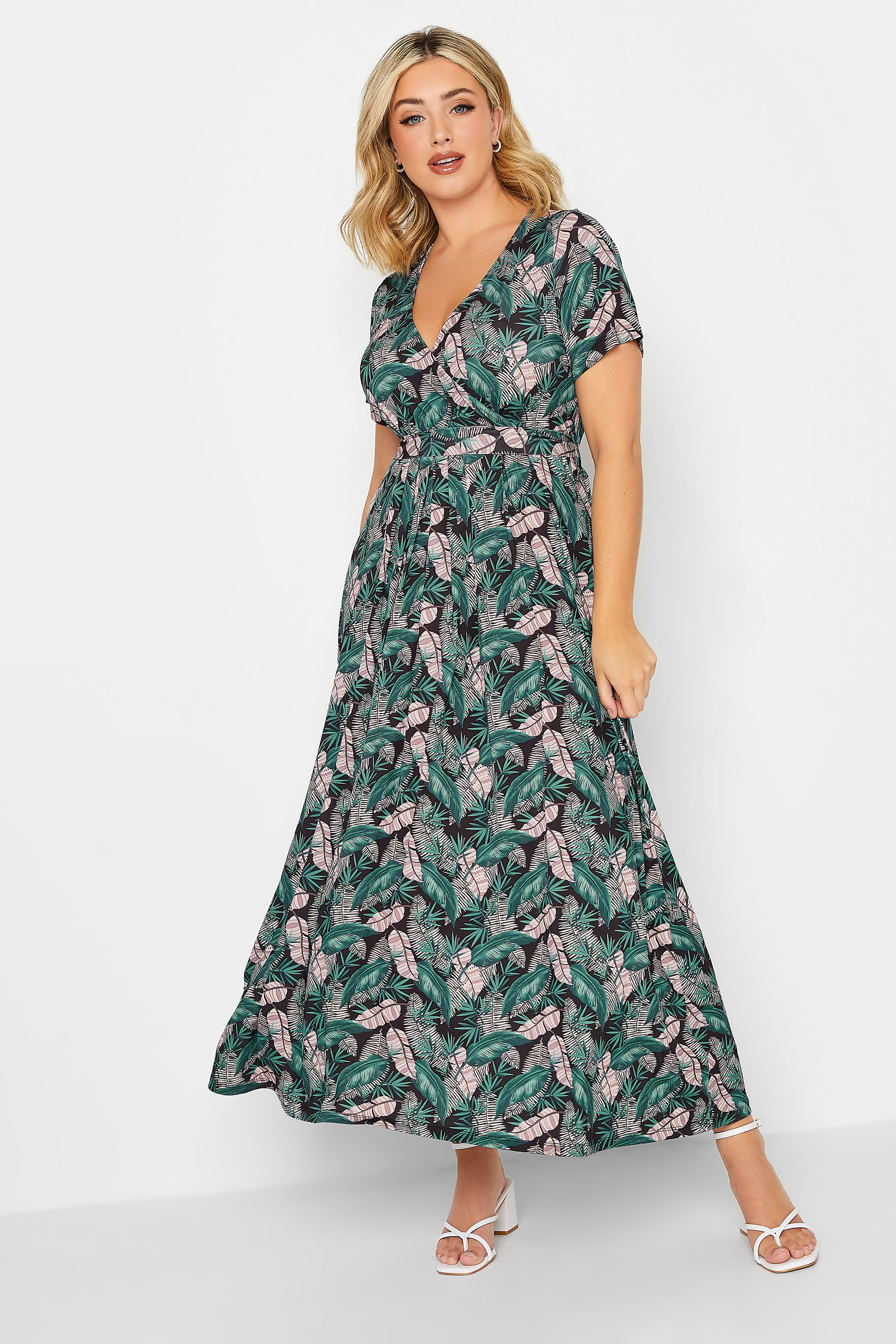 YOURS Curve Plus Size Black Leaf Print Maxi Wrap Dress | Yours Clothing  1