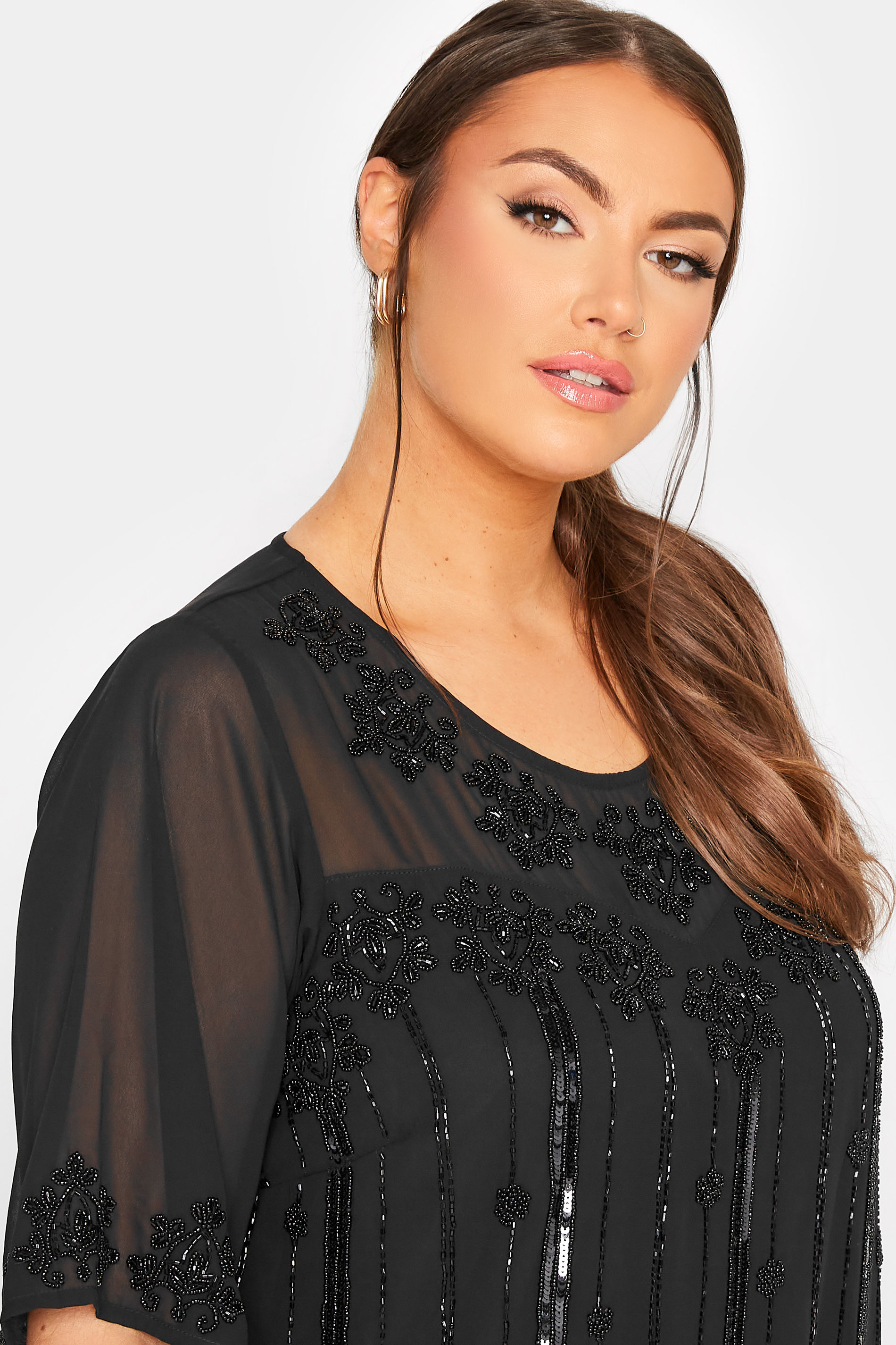 LUXE Plus Size Black Sequin Hand Embellished Chiffon Blouse | Yours ...