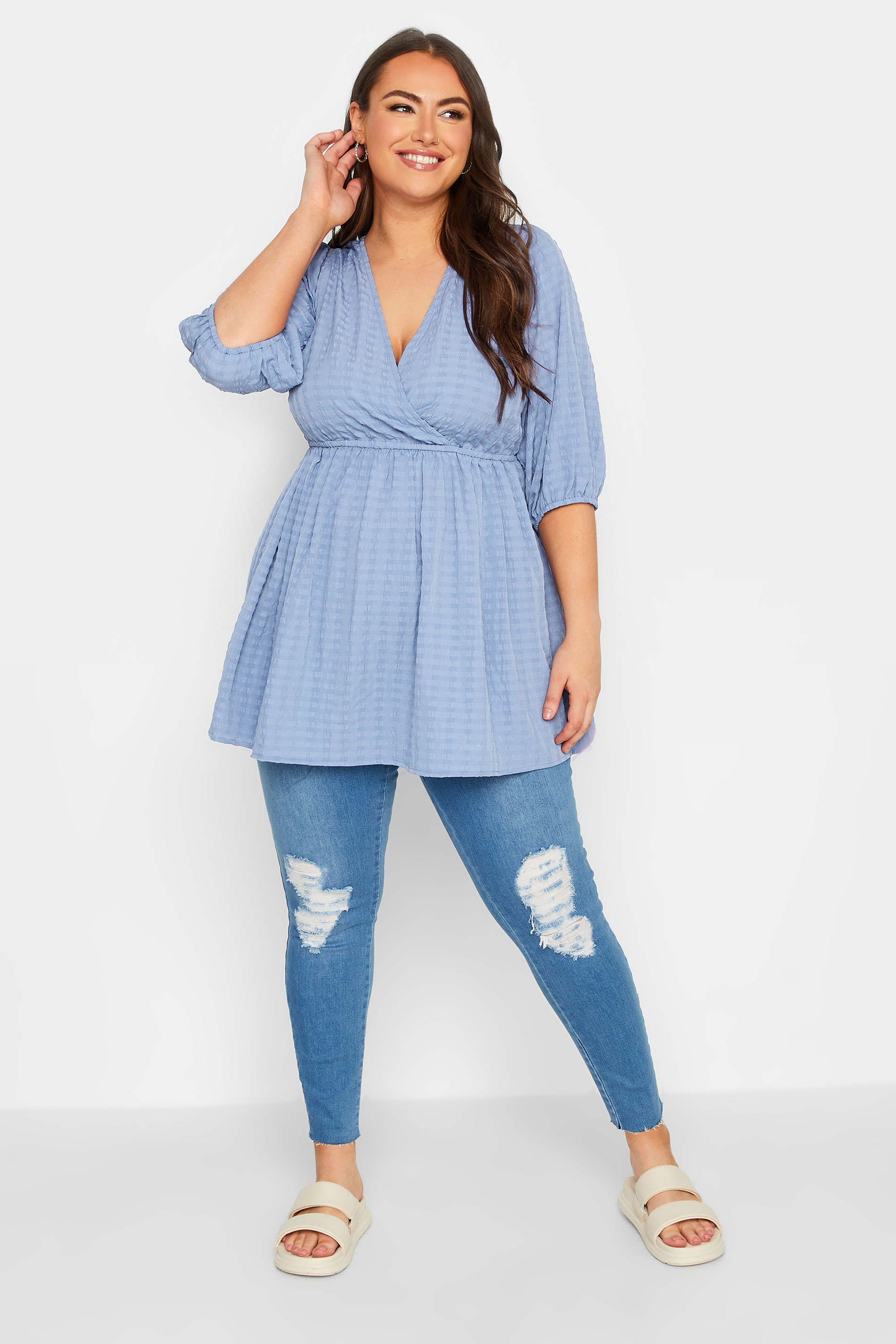 YOURS Plus Size Curve Baby Blue Textured Wrap Top | Yours Clothing  2