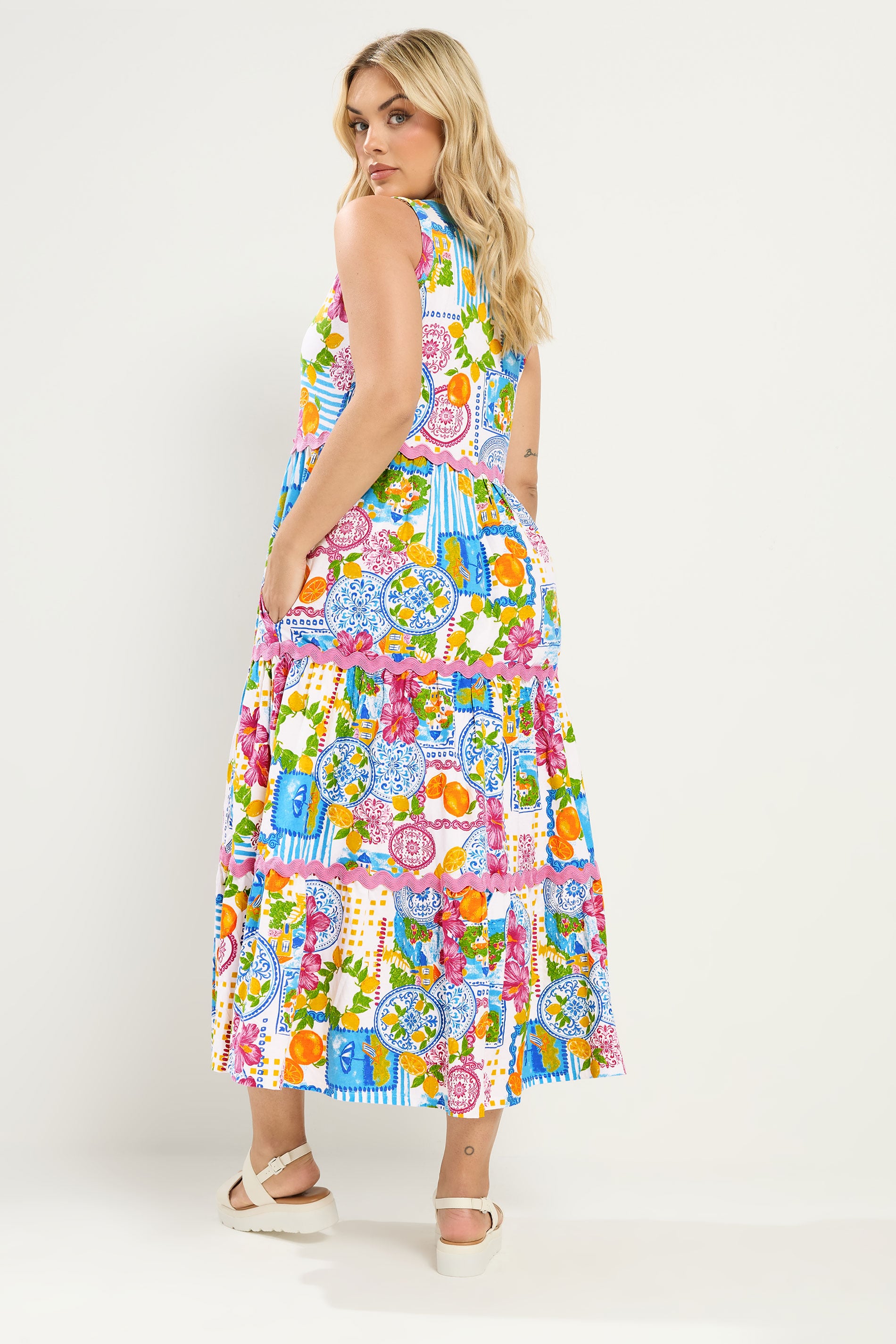 YOURS Plus Size White & Blue 'Mediterranean' Print Tiered Maxi Dress| Yours Clothing 2