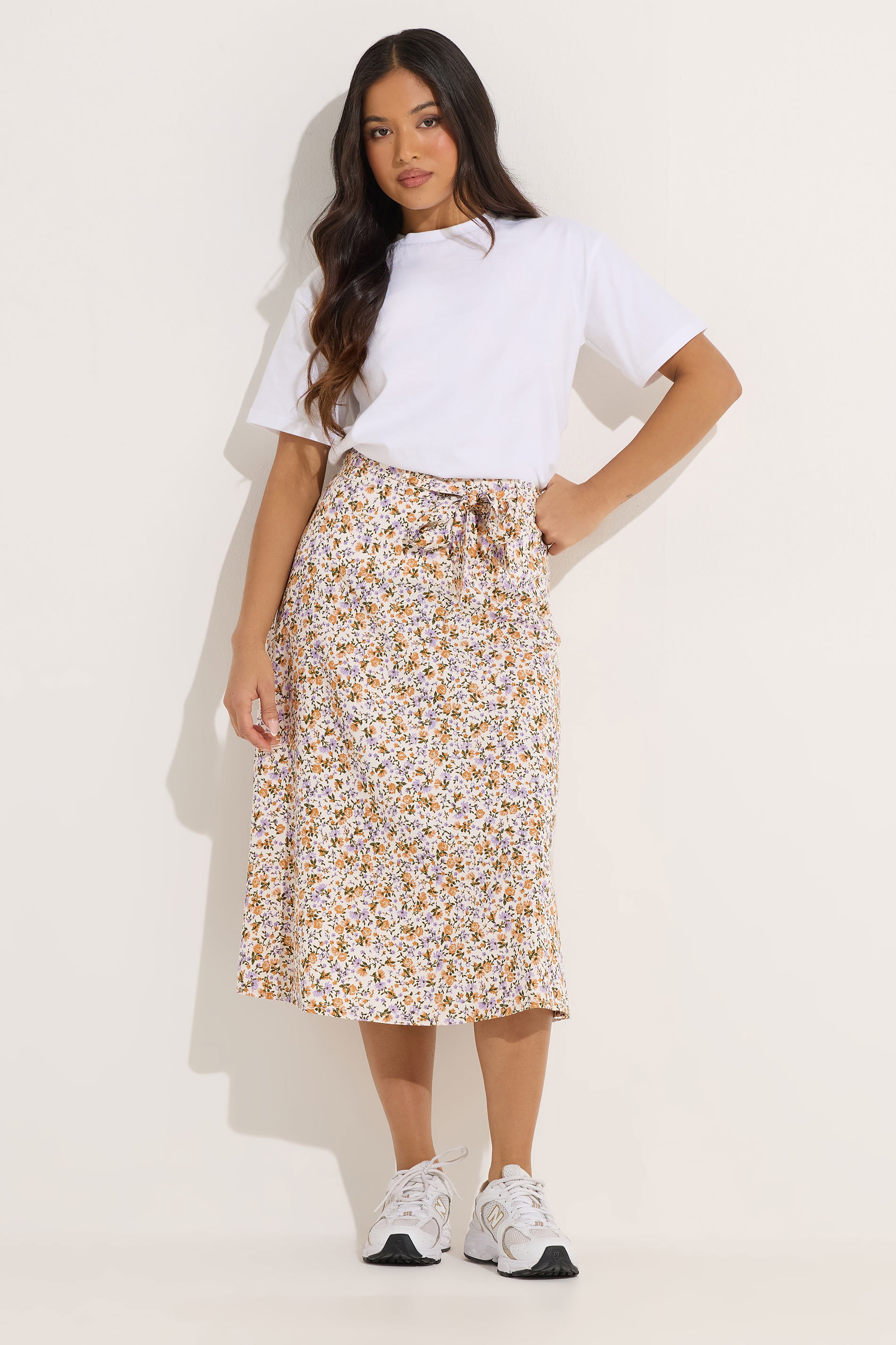 PixieGirl Petite Women's Cream Ditsy Floral Belted Midi Skirt | PixieGirl 1