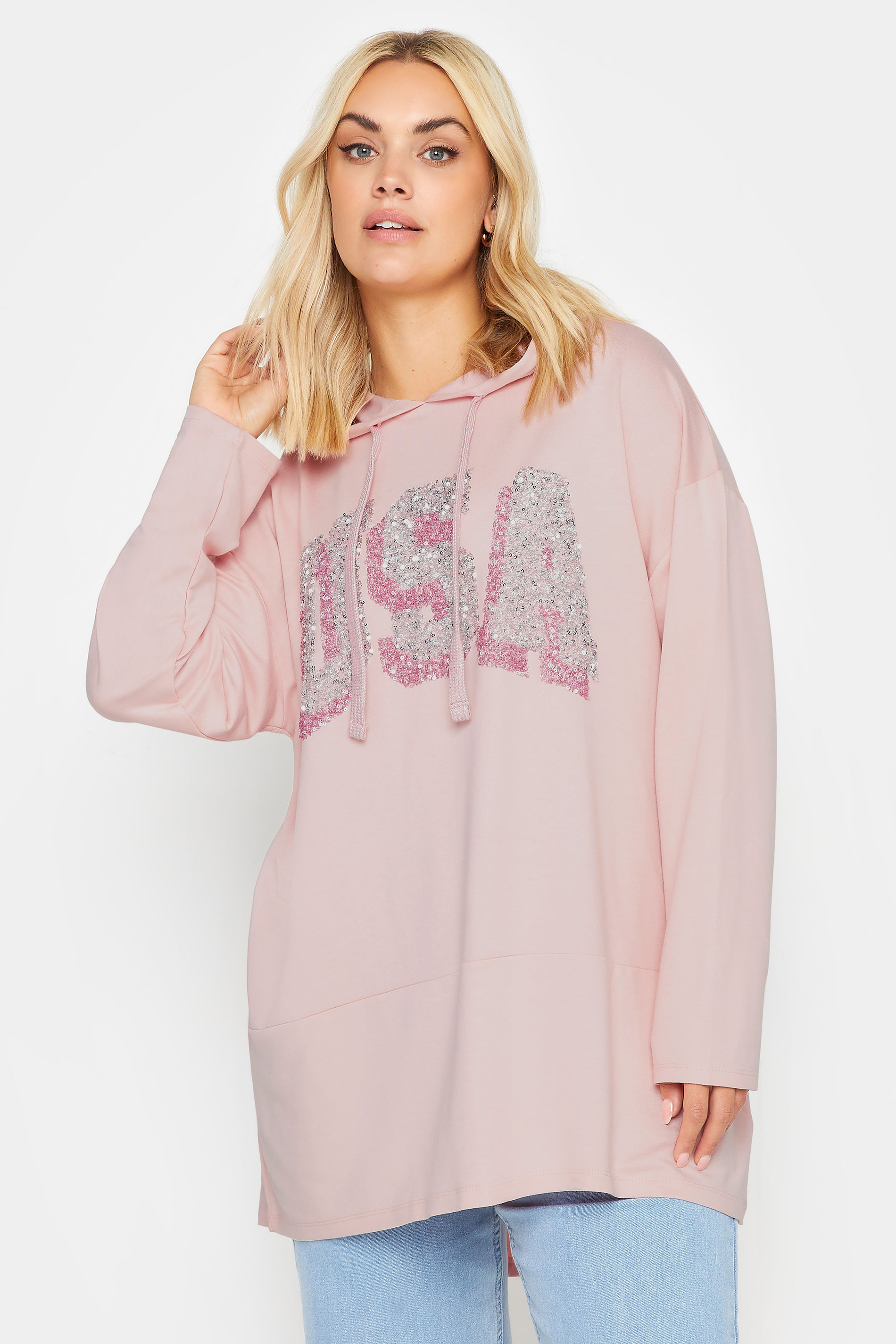 YOURS Plus Size Pink 'USA' Sequin Slogan Longline Hoodie | Yours Clothing 1