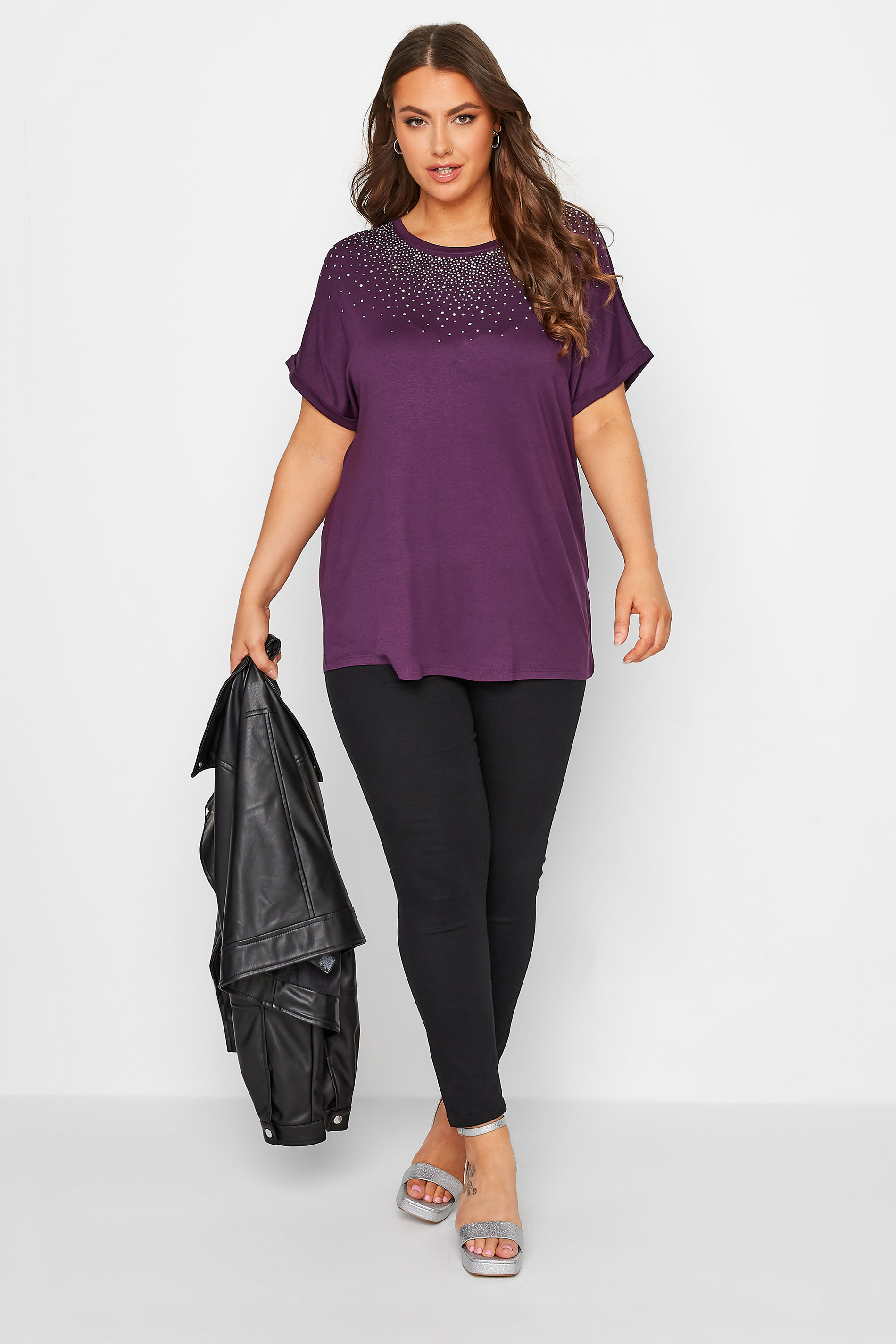 Plus Size Purple Stud Embellished Grown On Sleeve T-Shirt | Yours Clothing 2