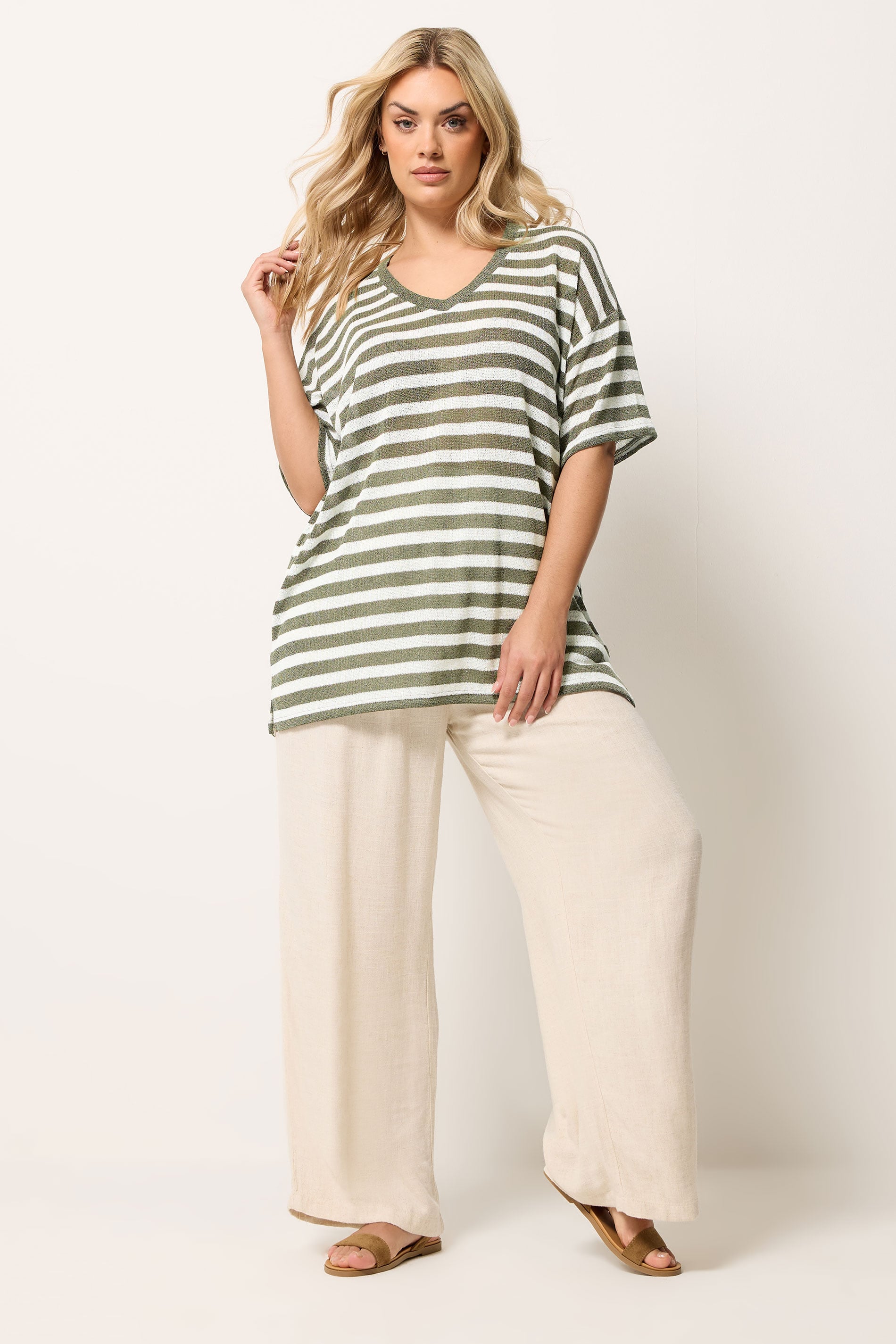 YOURS Plus Size Khaki Green & Ivory White Stripe Knitted T-Shirt | Yours Clothing 1