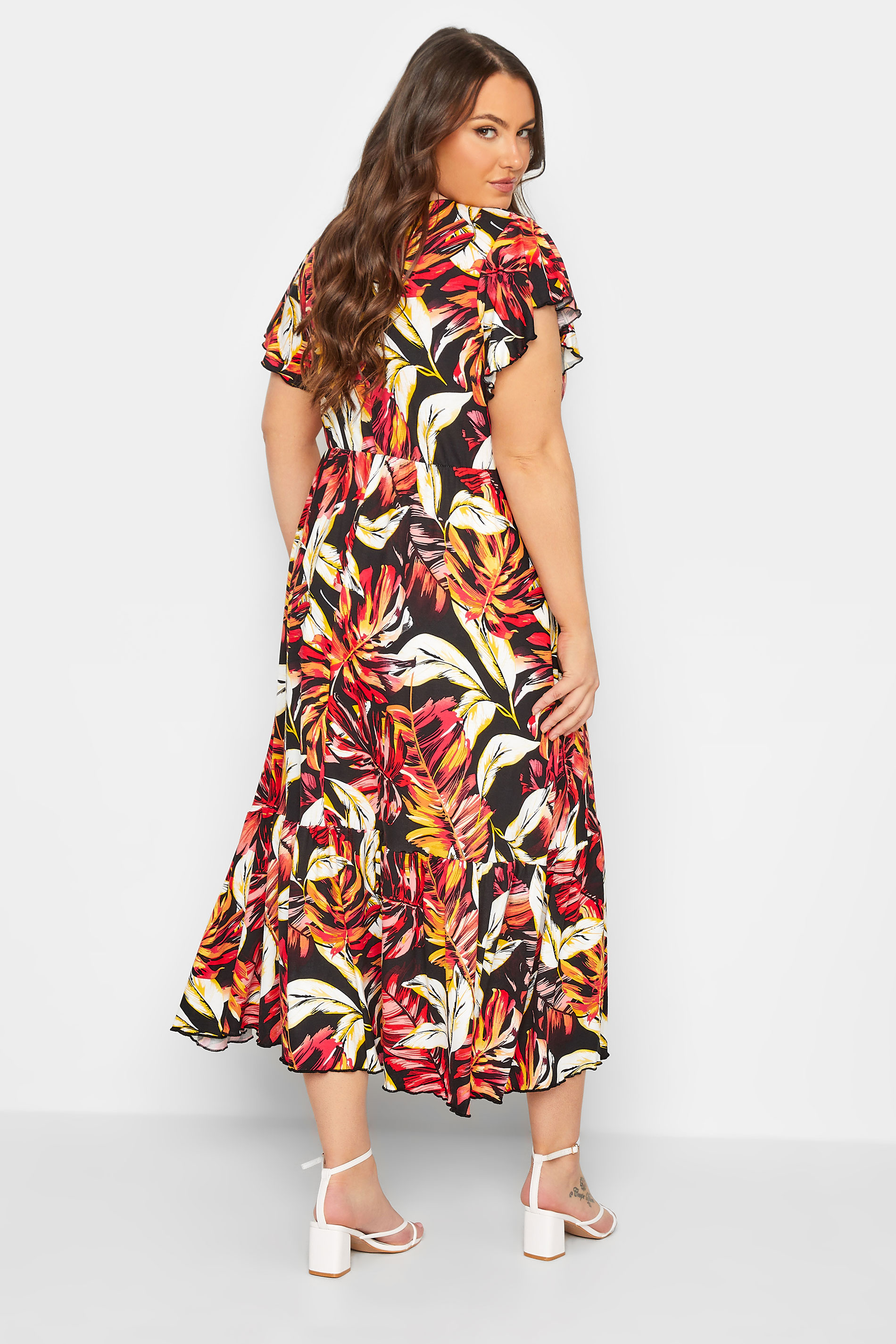 YOURS Plus Size Black & Orange Leaf Print Frill Sleeve Wrap Maxi Dress | Yours Clothing 3