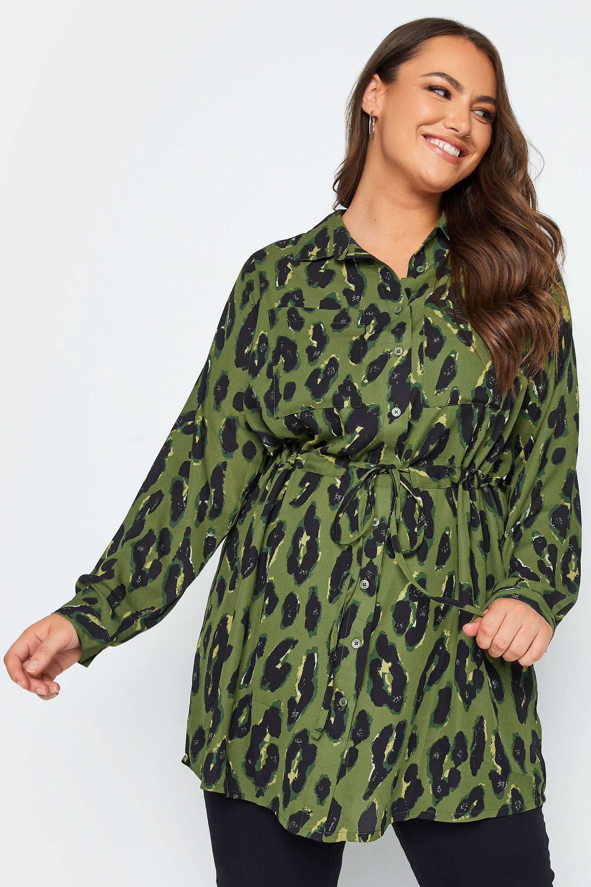YOURS Plus Size Khaki Green Leopard Print Utility Tunic Shirt | Yours Clothing 1