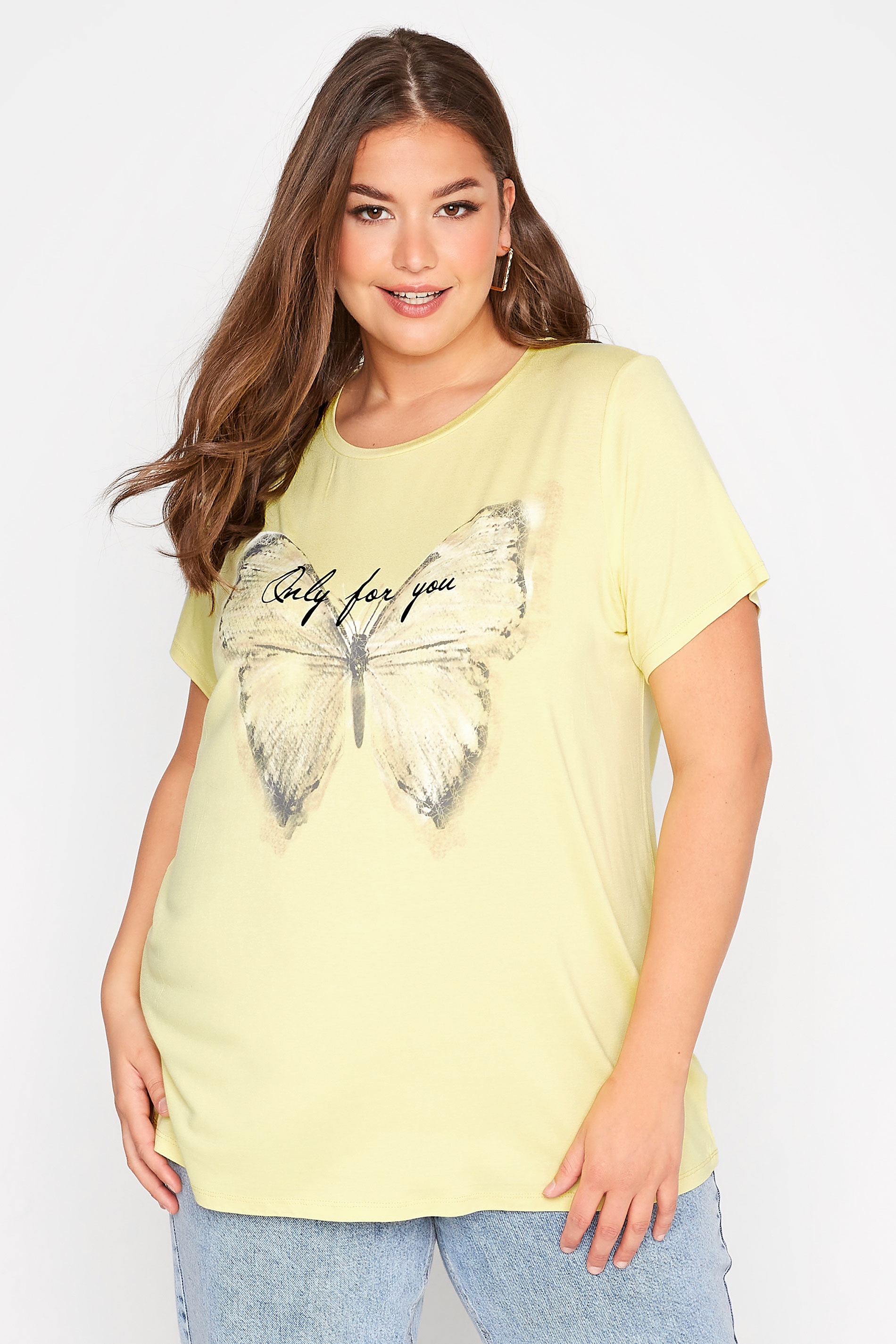 Plus Size Yellow Butterfly 'Only For You' Slogan T-Shirt | Yours Clothing 1