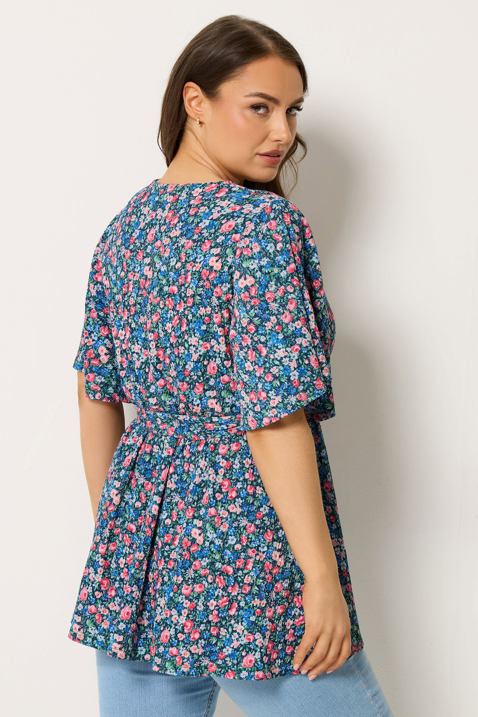 YOURS Plus Size Blue Floral Textured Wrap Top | Yours Clothing 2