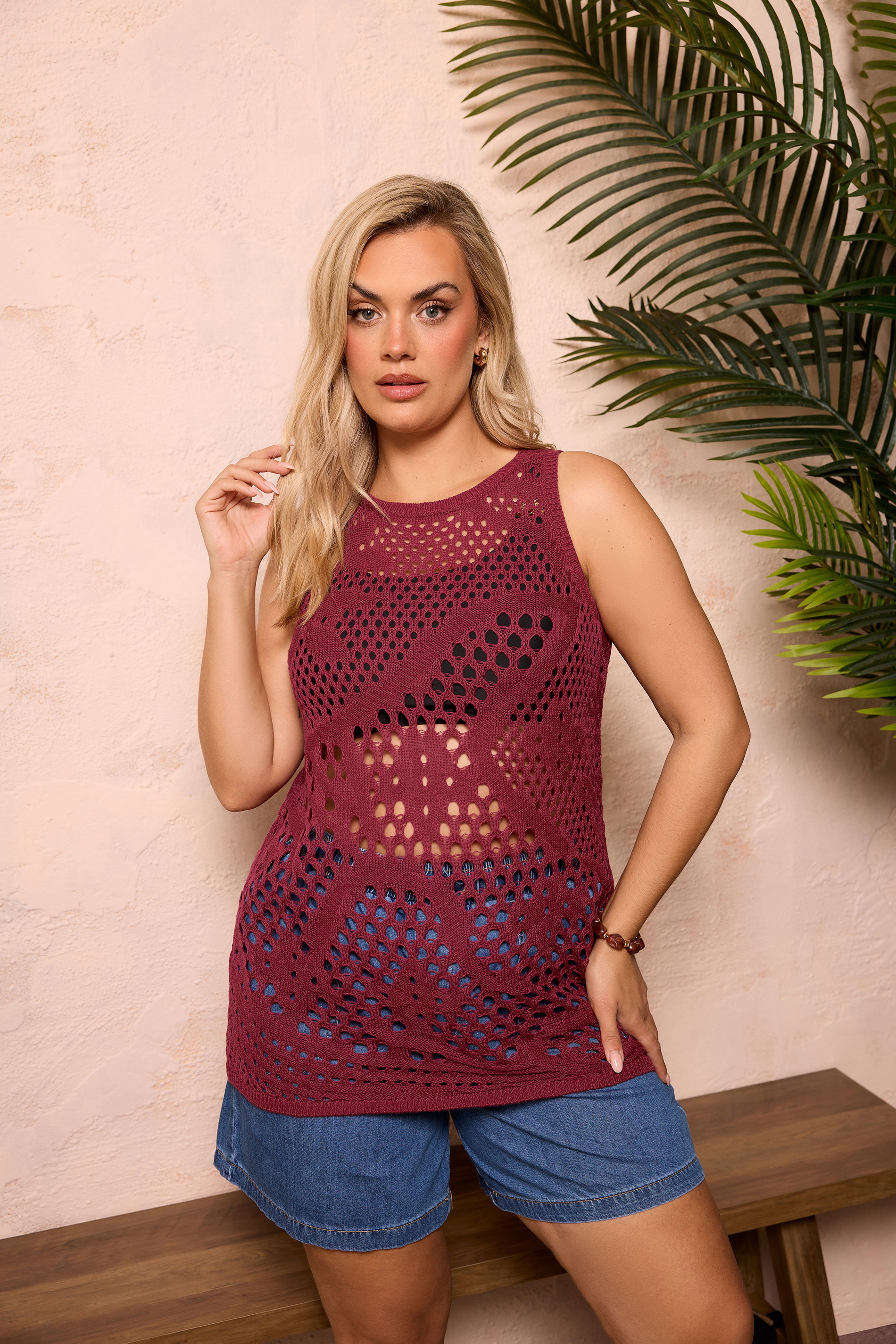 YOURS Plus Size Burgundy Red Knitted Stitch Detail Vest Top | Yours Clothing 3