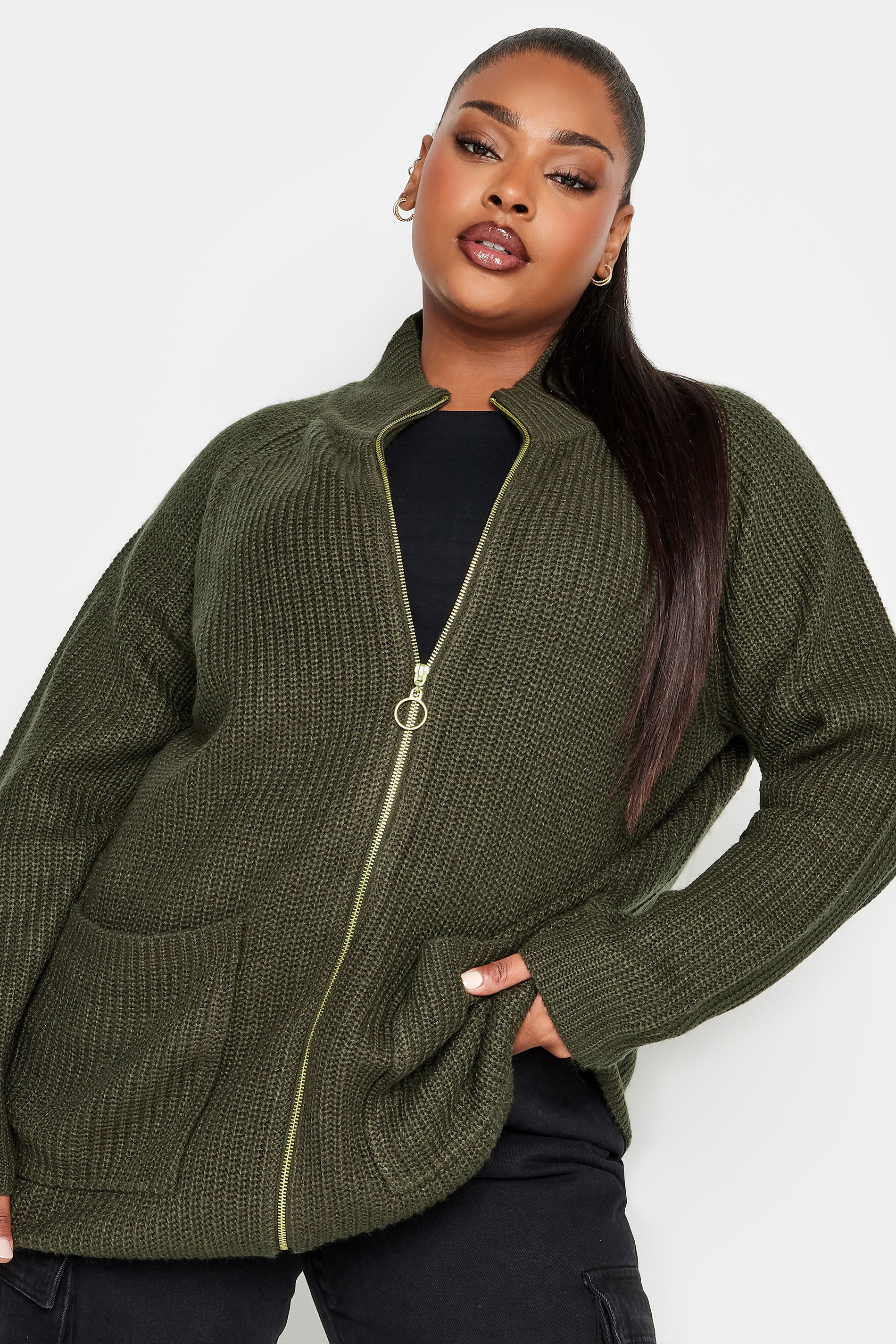 YOURS Plus Size Khaki Green Zip Through Cardigan | Yours Clothing 2