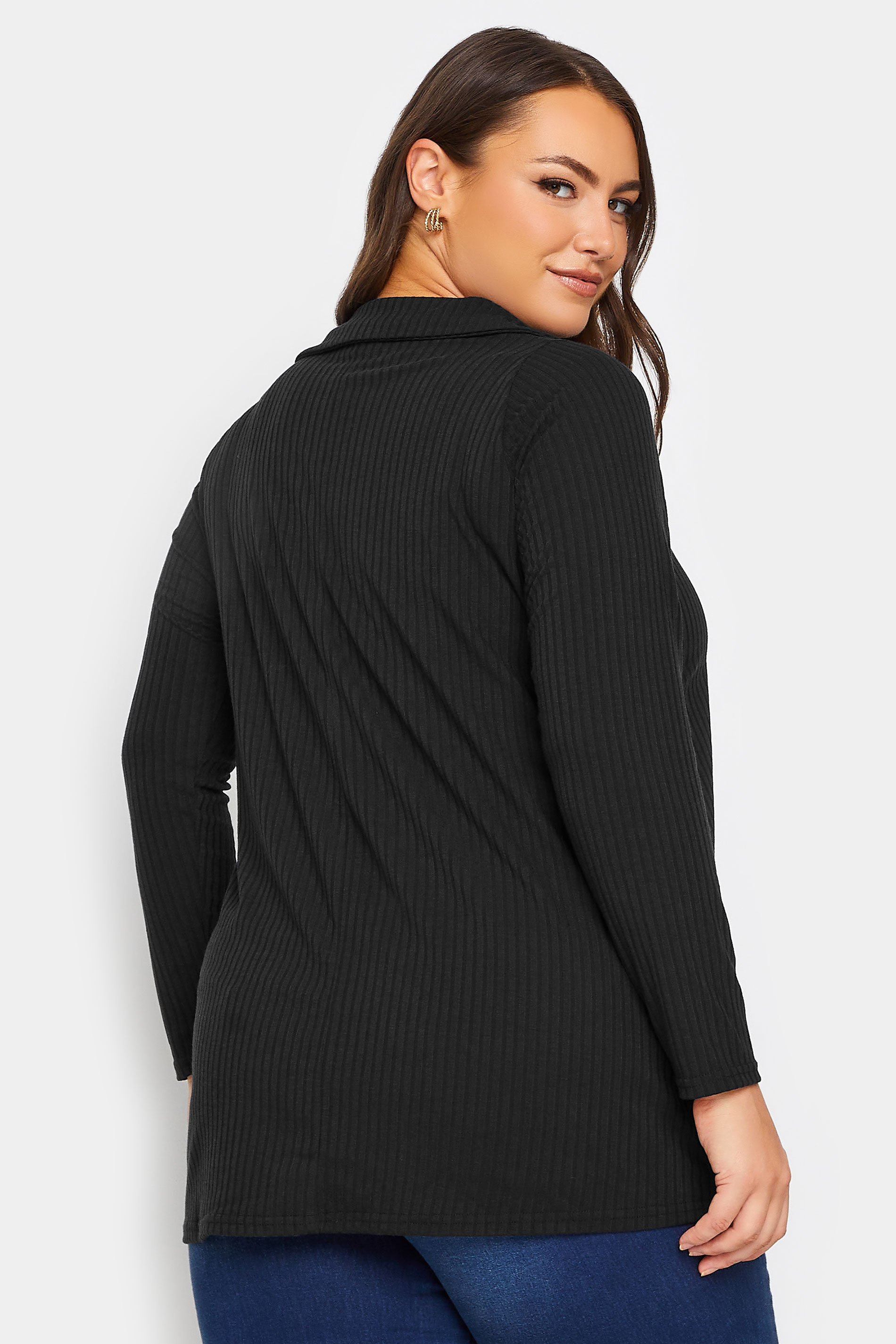 Curve Black Long Sleeve Ribbed Collar Top | Yours Clothing 3