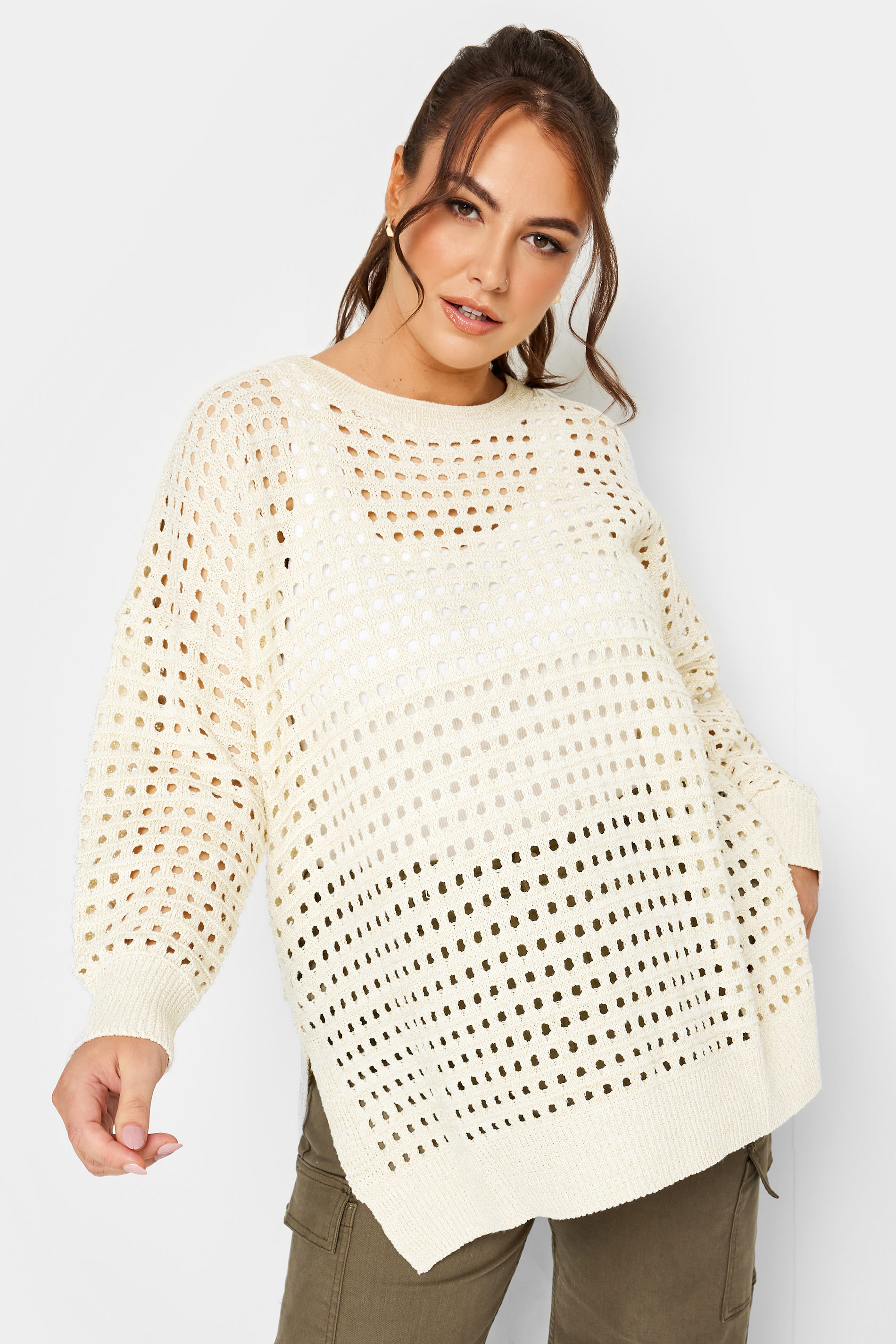 YOURS Plus Size Cream Side Split Metallic Crochet Jumper | Yours Clothing 1