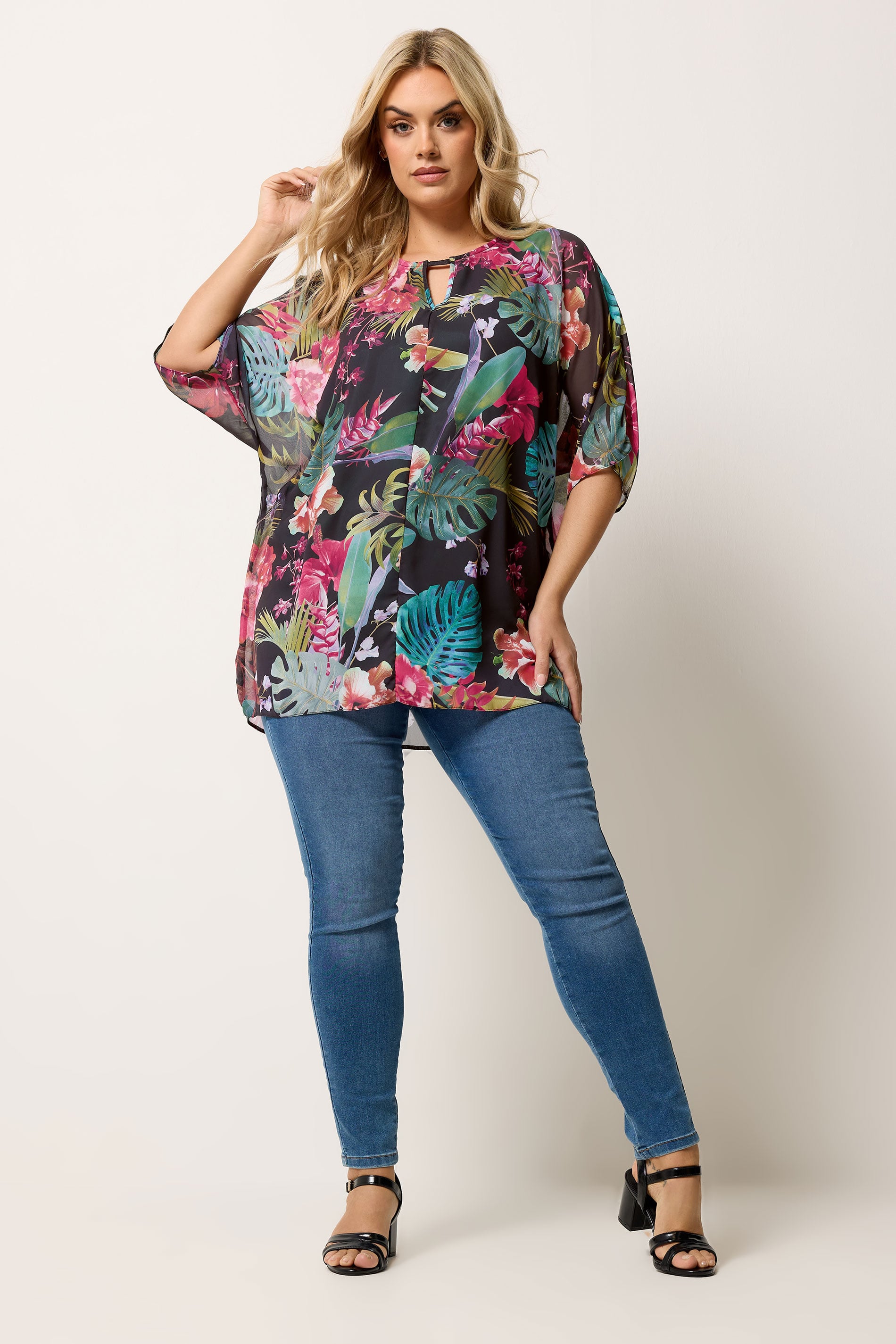 YOURS Plus Size Black Tropical Print Keyhole Detail Top | Yours Clothing 1