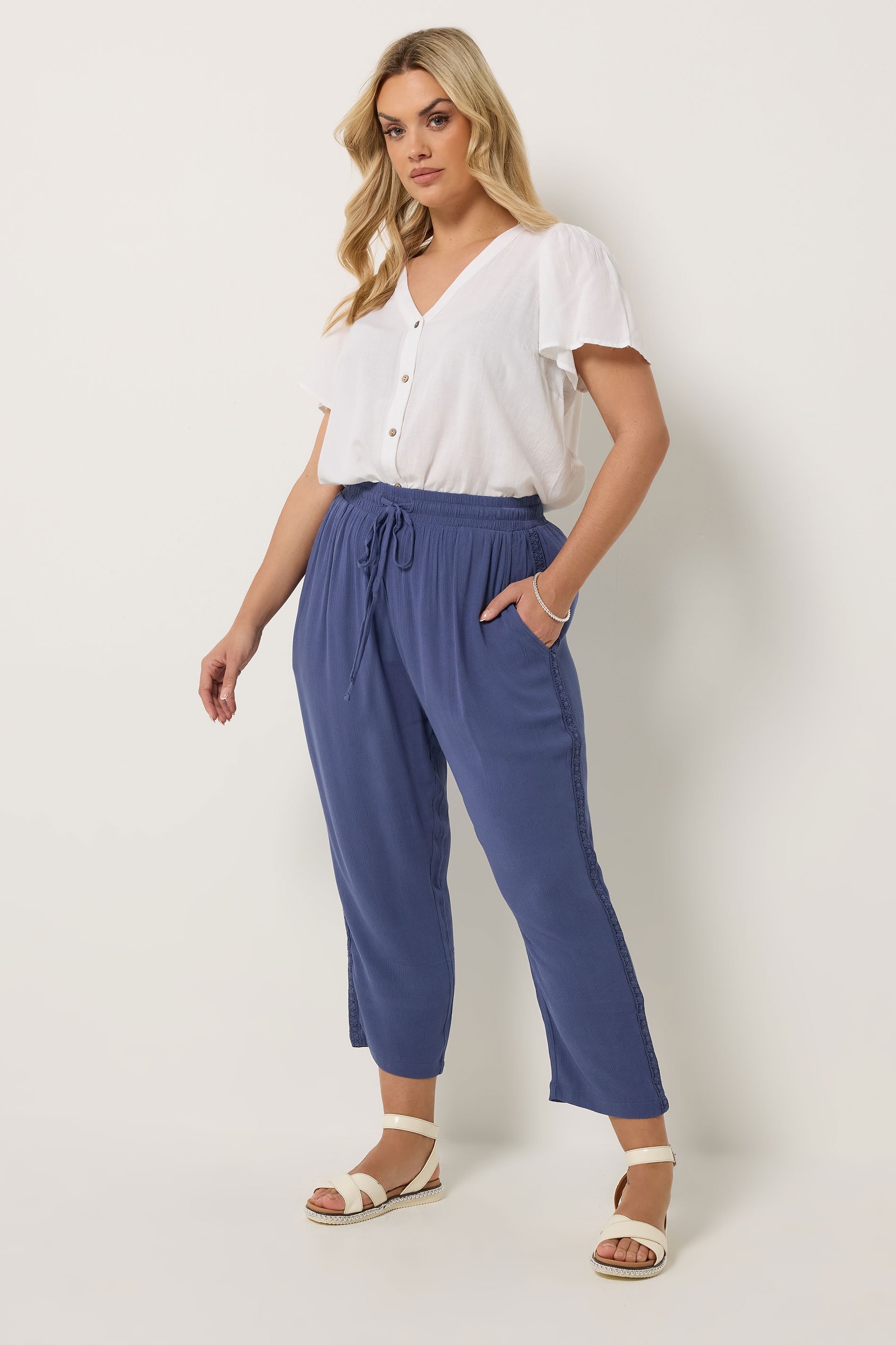 YOURS Plus Size Blue Crochet Side Crop Trousers | Yours Clothing 1