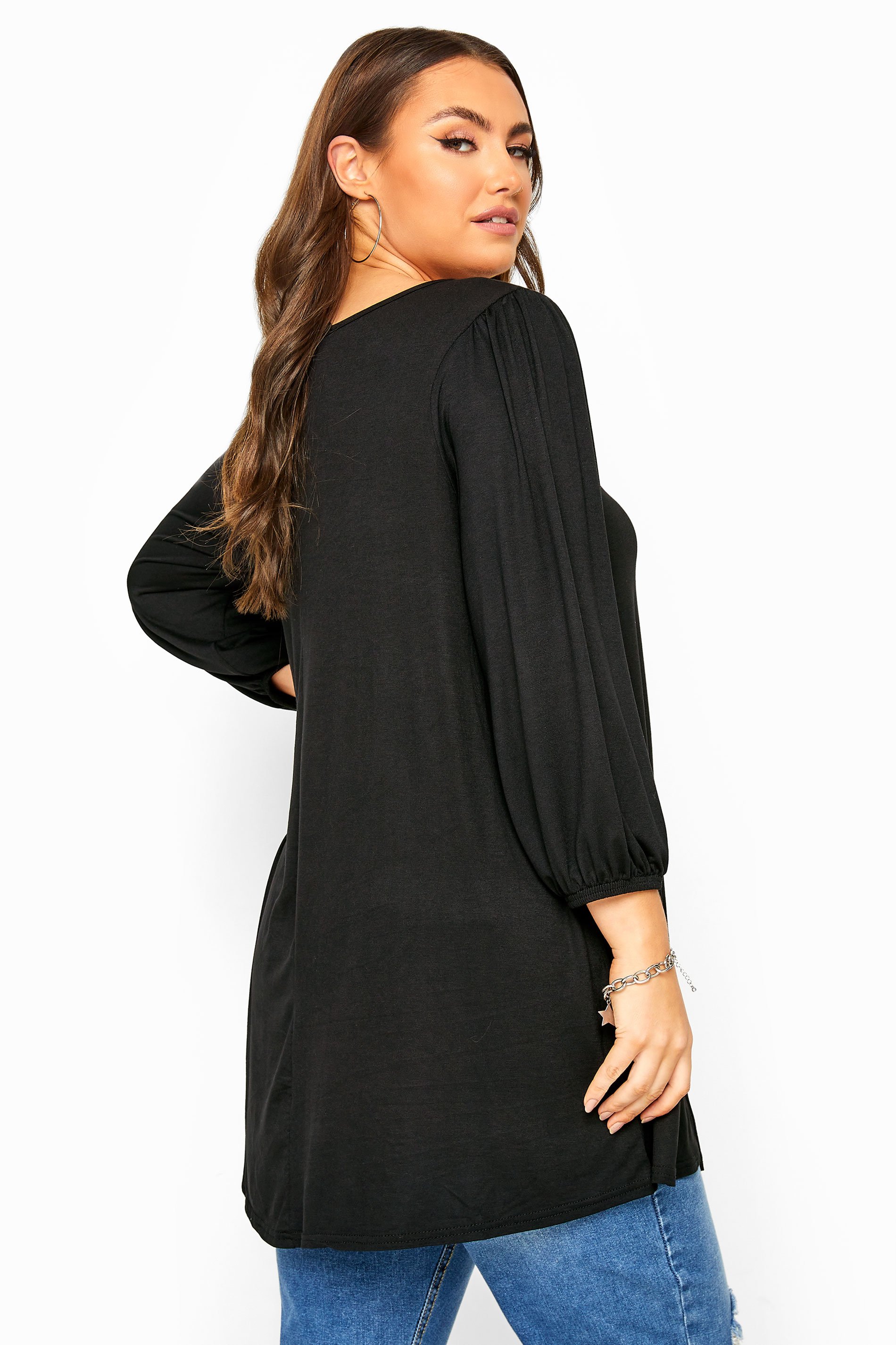 Black Balloon Sleeve Swing Top | Yours Clothing