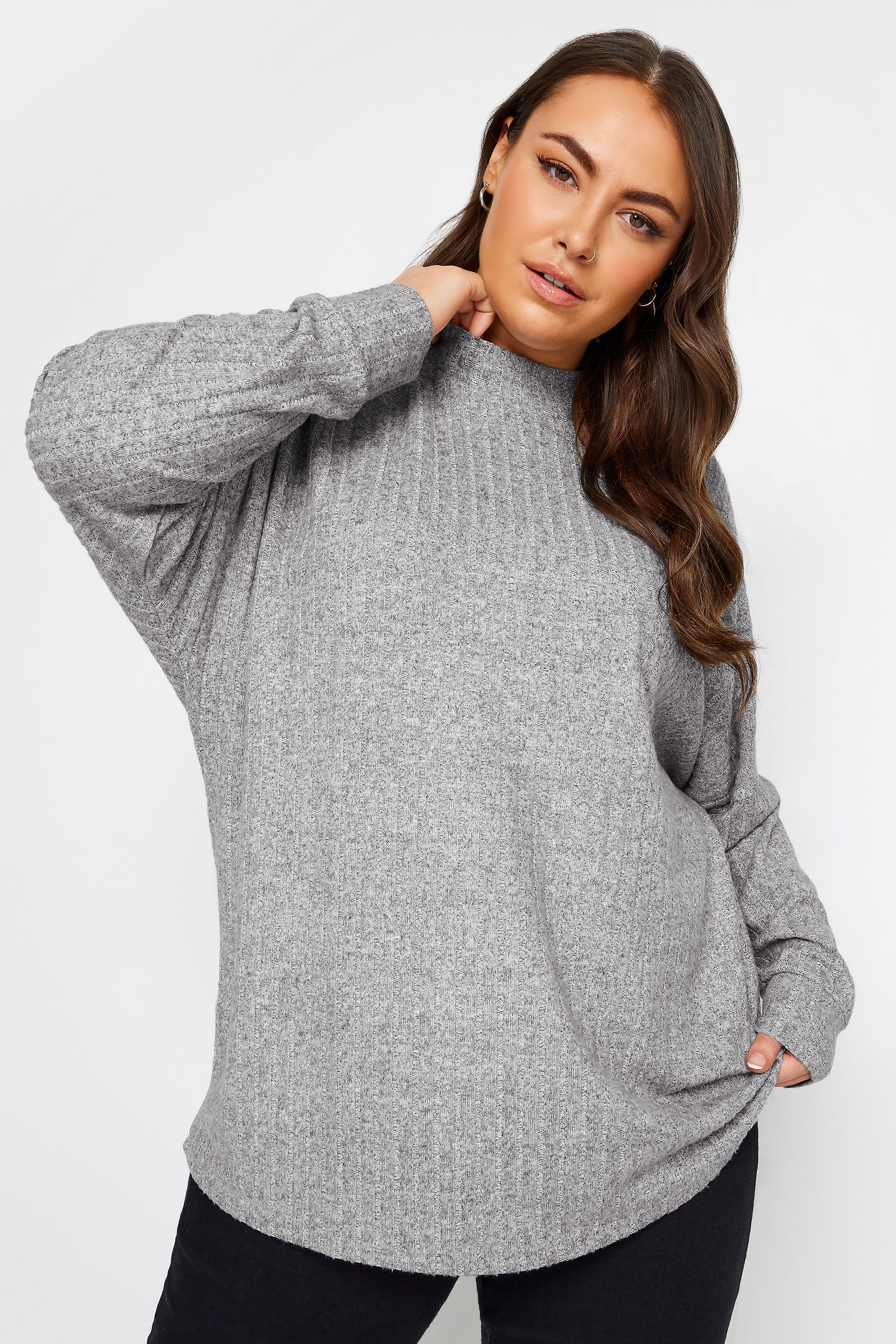 YOURS Plus Size Light Grey Ribbed Jumper | Yours Clothing 1