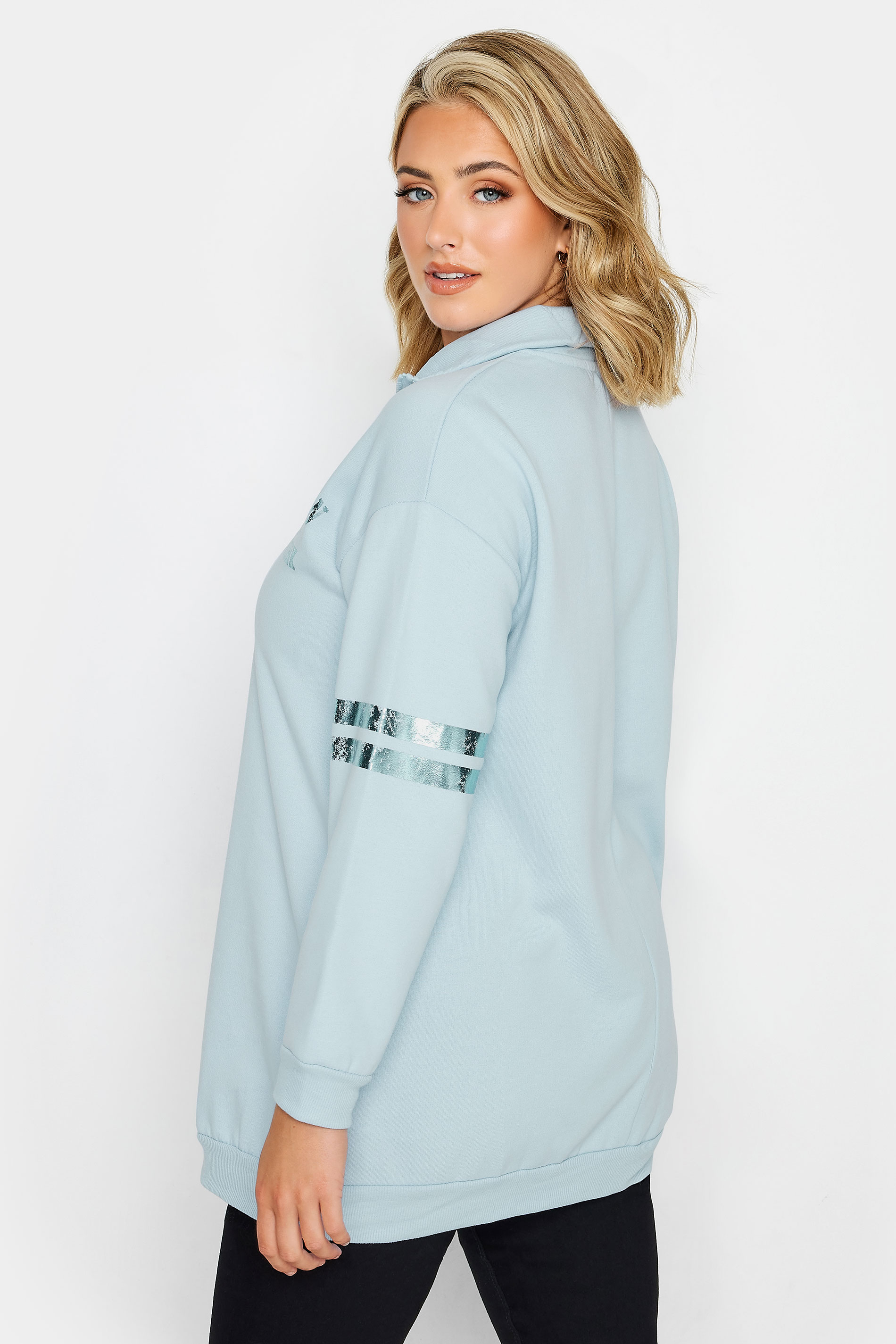 YOURS Plus Size Light Blue 'Brooklyn' Varsity Half Zip Sweatshirt | Yours Clothing 3