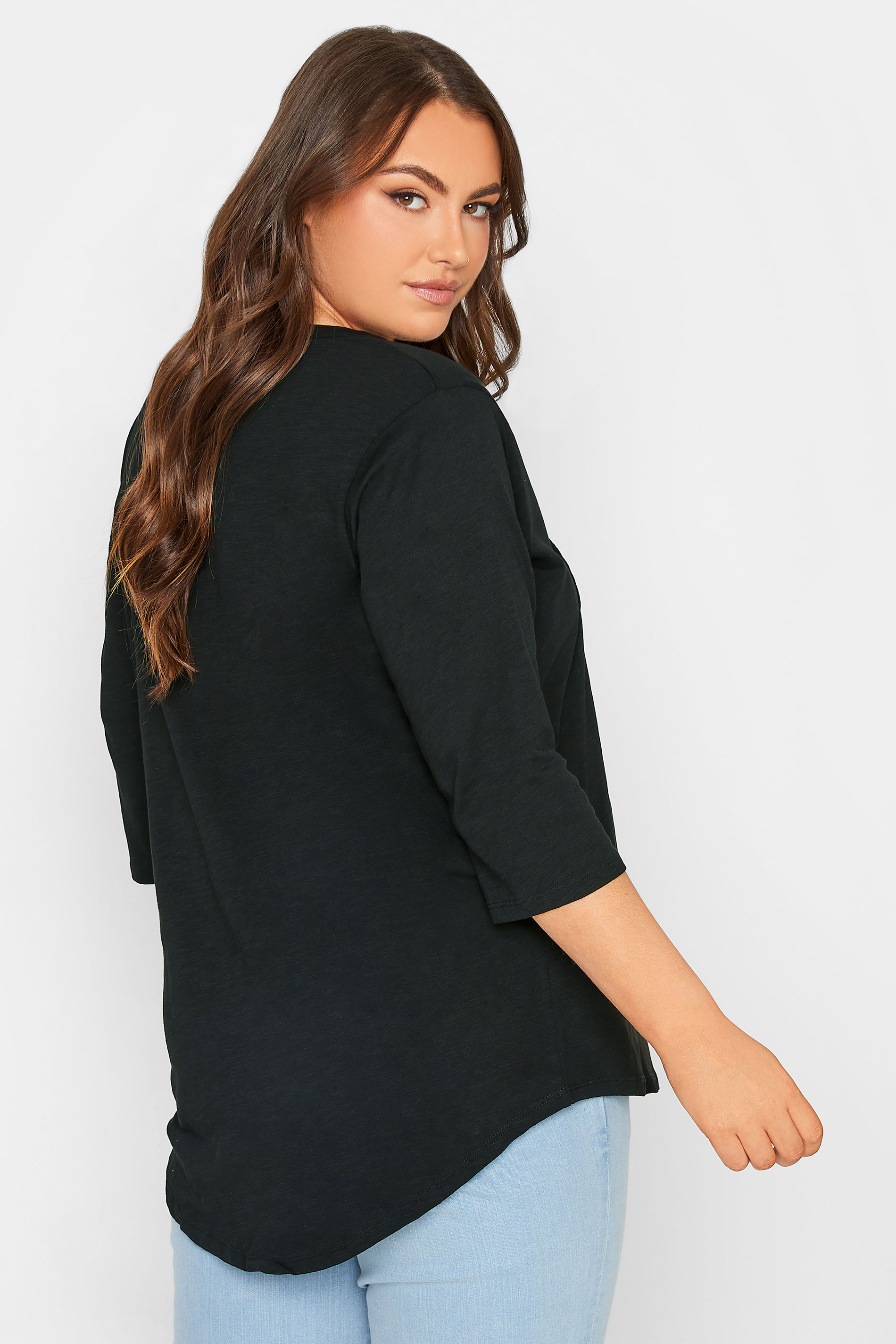 Plus Size YOURS FOR GOOD Black Pintuck Button Henley T-Shirt | Yours Clothing 3