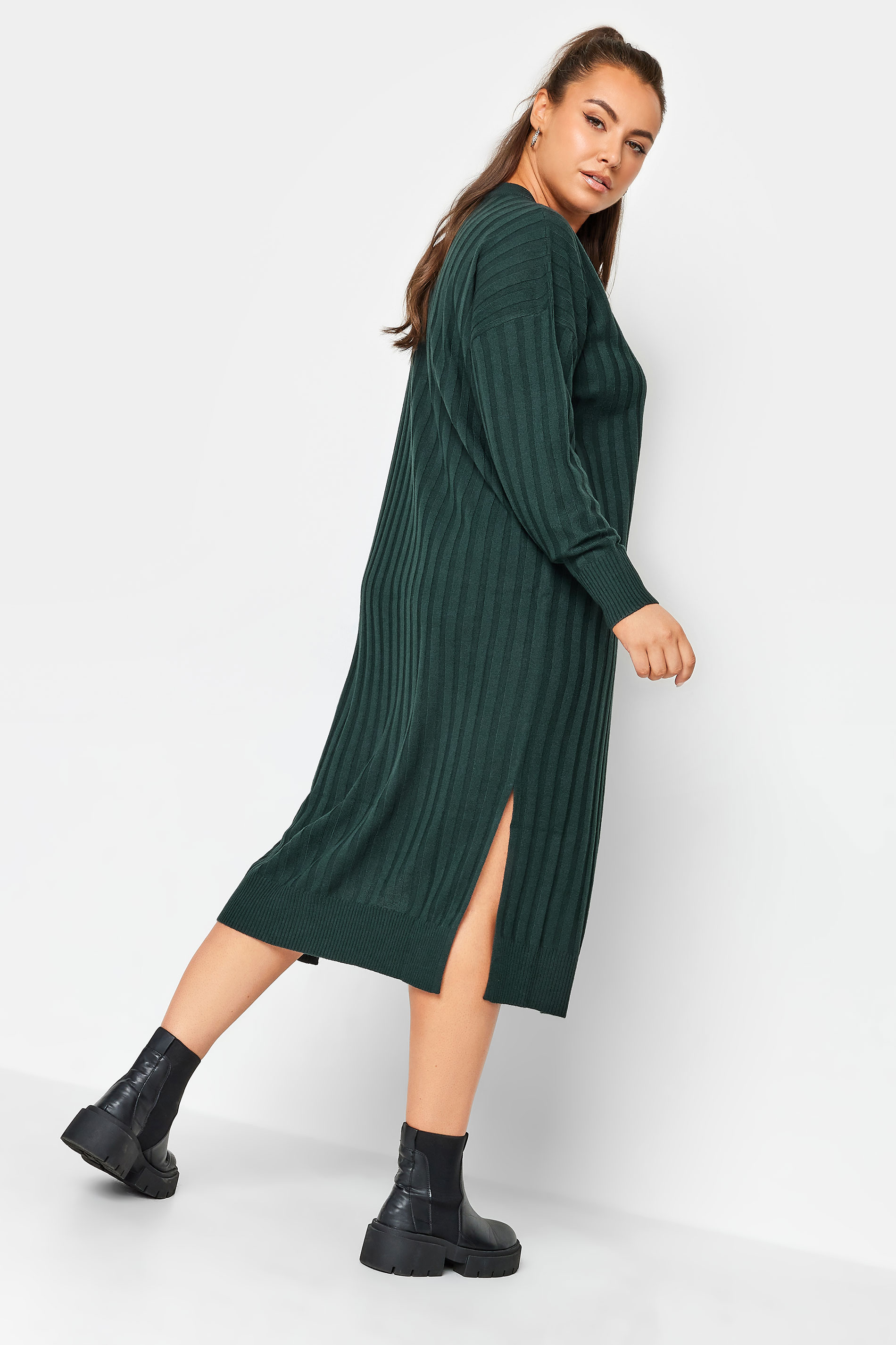 YOURS Curve Green Ribbed Midi Knitted Jumper Dress 3