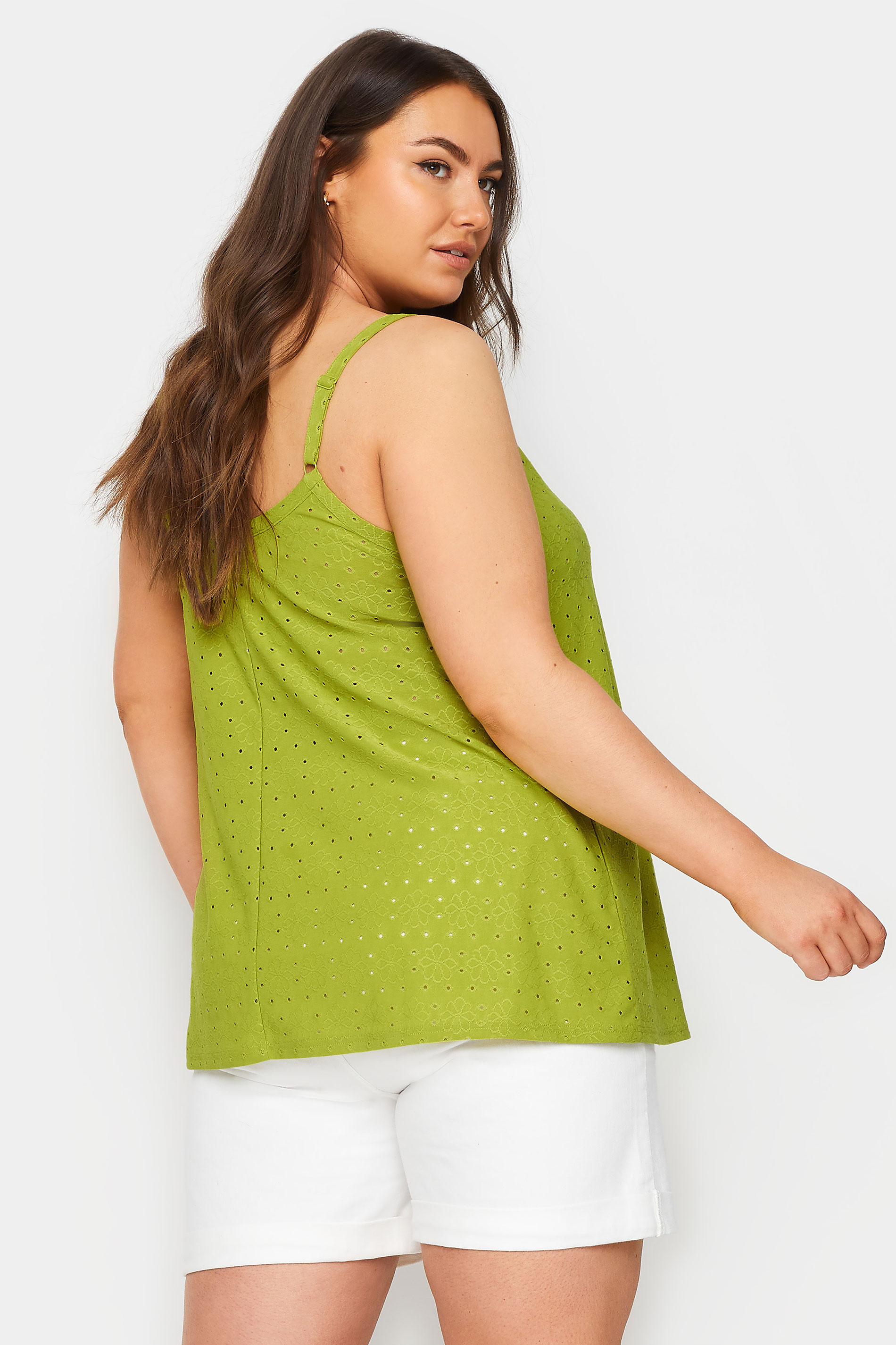 YOURS Plus Size Green Broderie Anglaise Button Front Cami Top | Yours Clothing 3