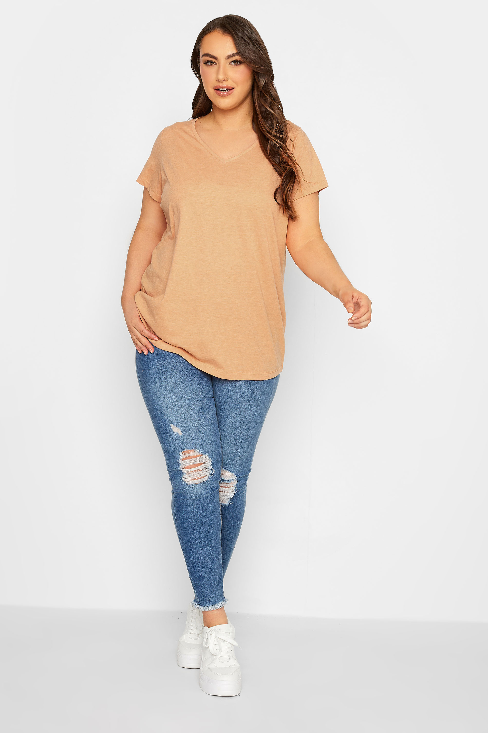 YOURS Plus Size Curve Orange Marl Essential V-Neck T-Shirt | Yours Clothing  2