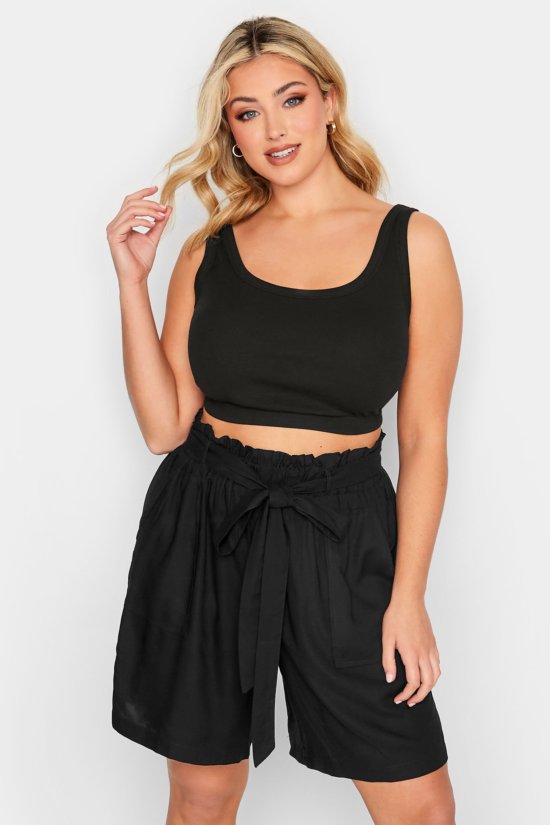 YOURS Plus Size Black Paperbag Waist Shorts | Yours Clothing 1
