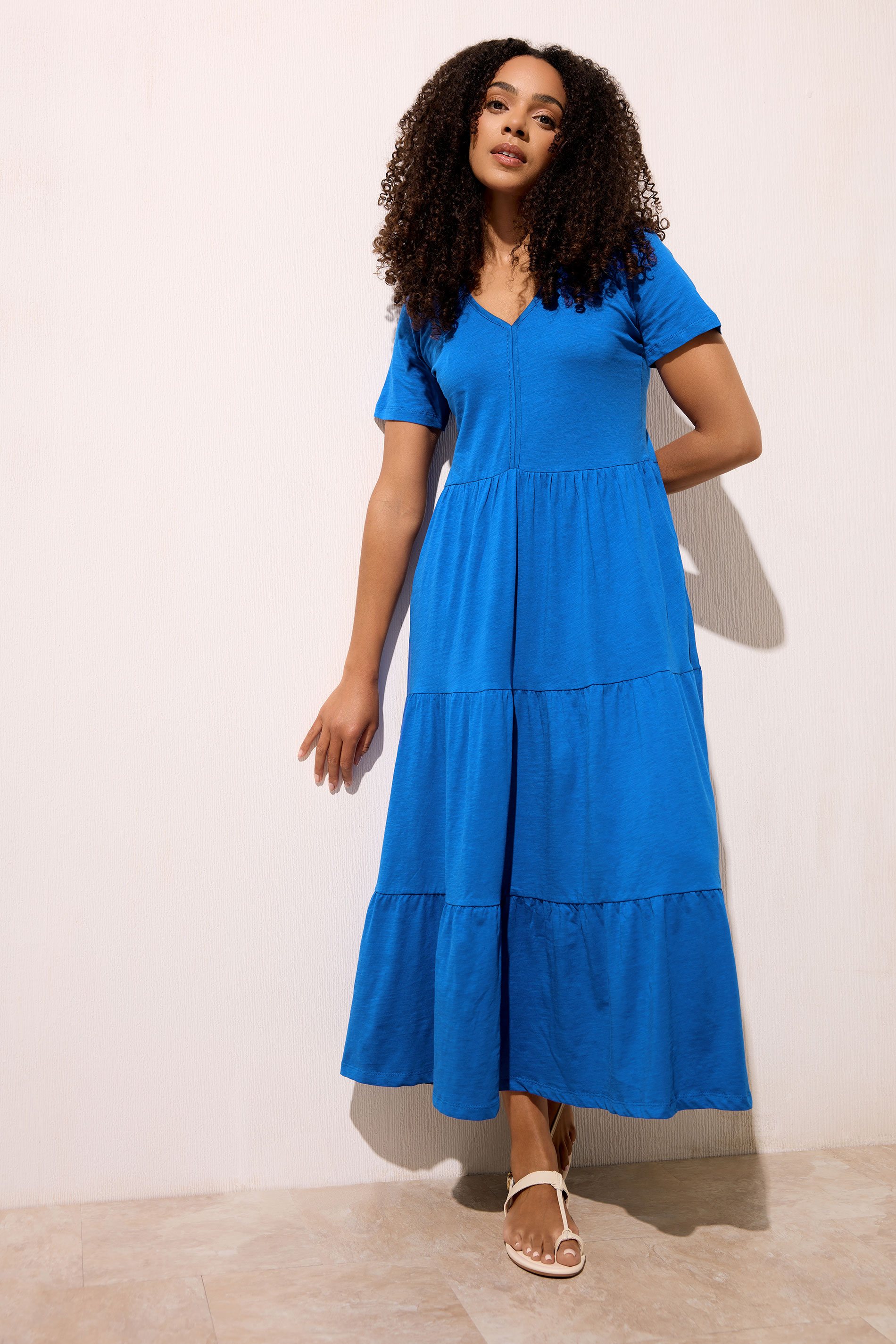 M&Co Blue Notch Neck Tiered Cotton Maxi Dress | M&Co 3