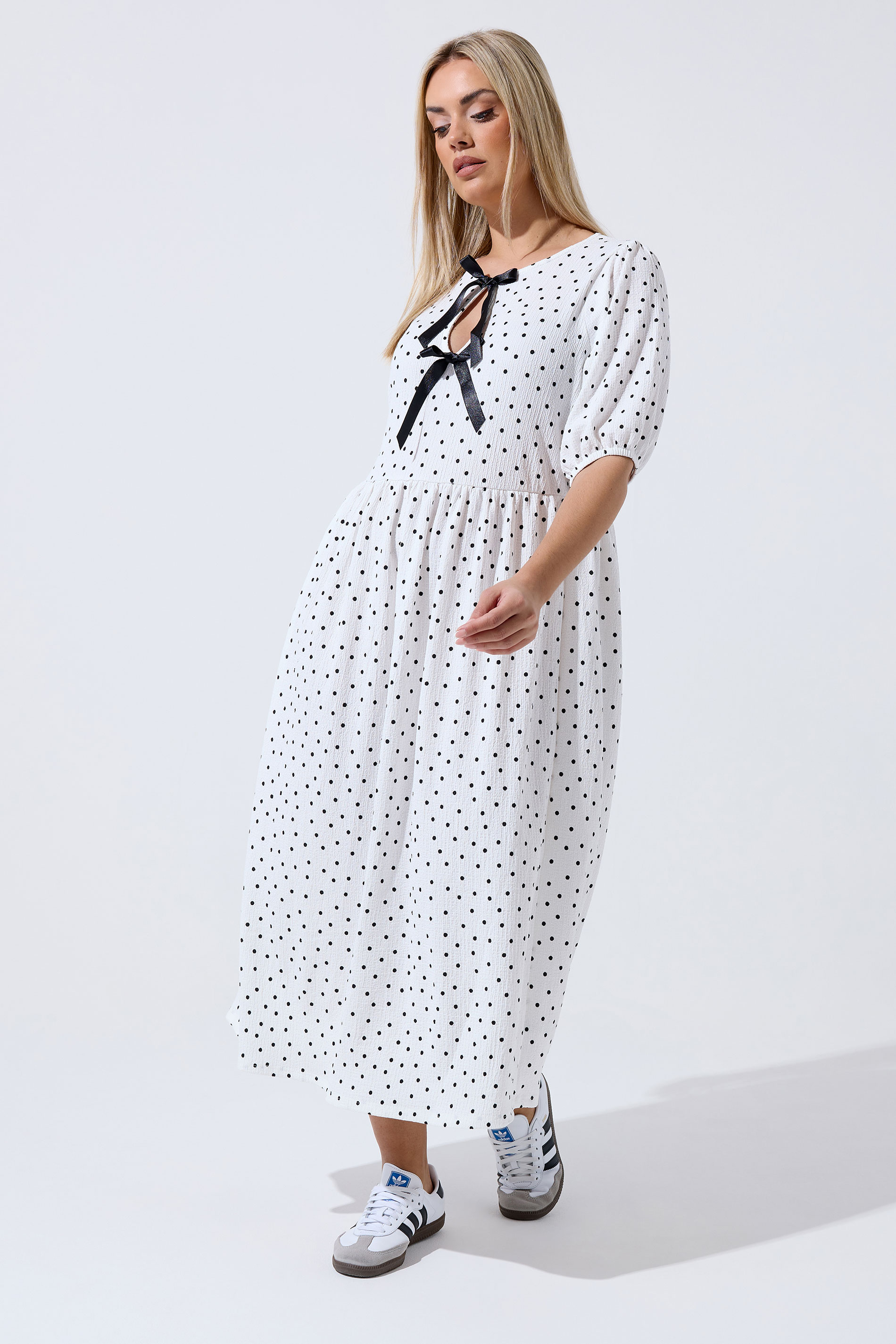 LIMITED COLLECTION Plus Size Ivory White Polka Dot Bow Dress | Yours Clothing 1