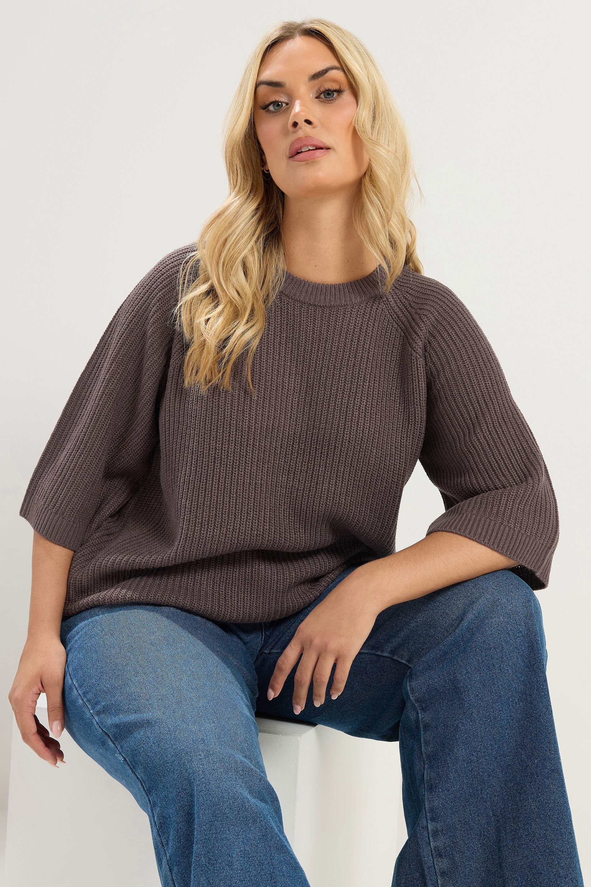 YOURS Plus Size Chocolate Brown Crew Neck Knitted Jumper | Yours Clothing 3