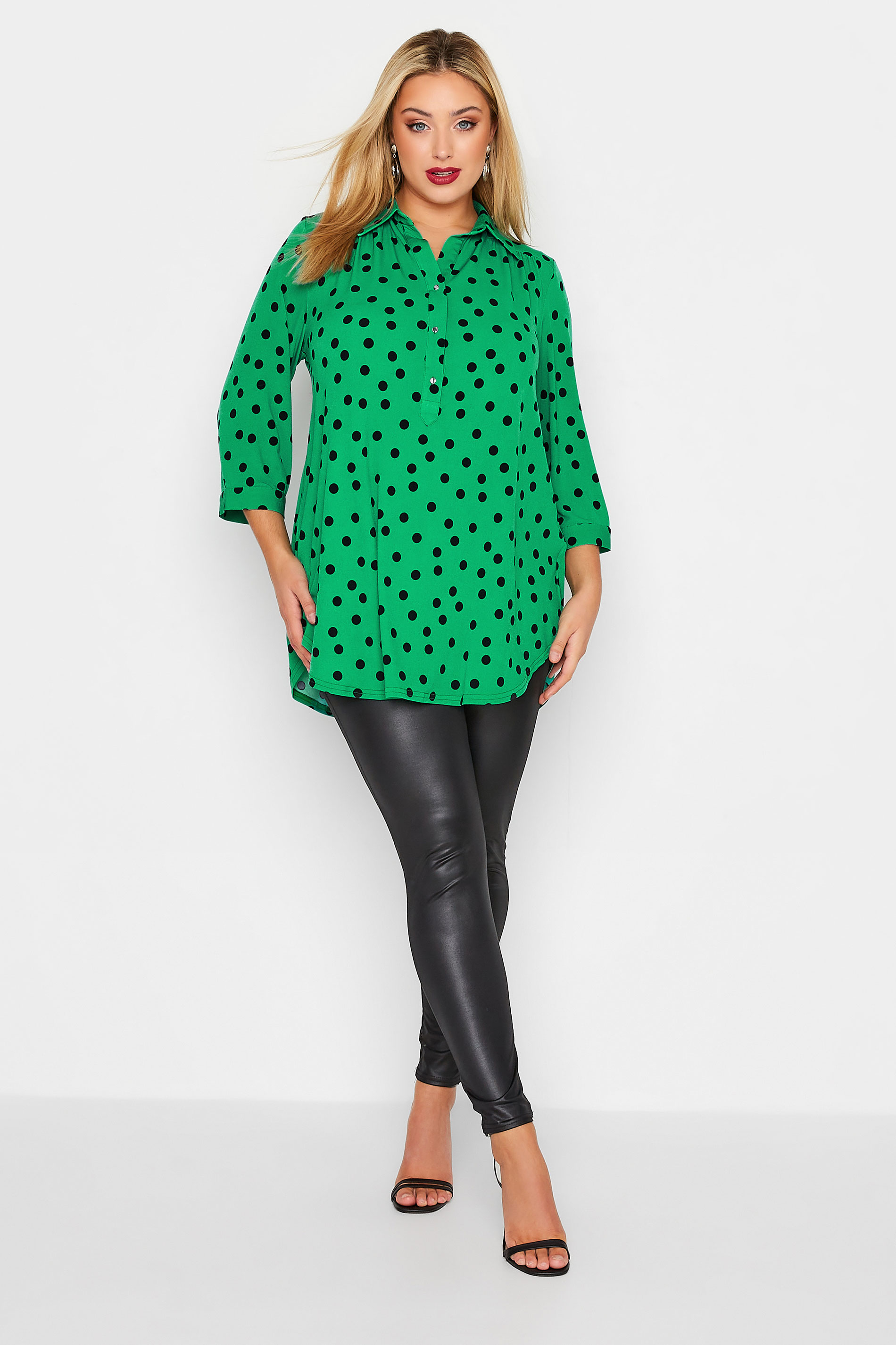 YOURS LONDON Plus Size Green Polka Dot Print Shirt | Yours Clothing 2
