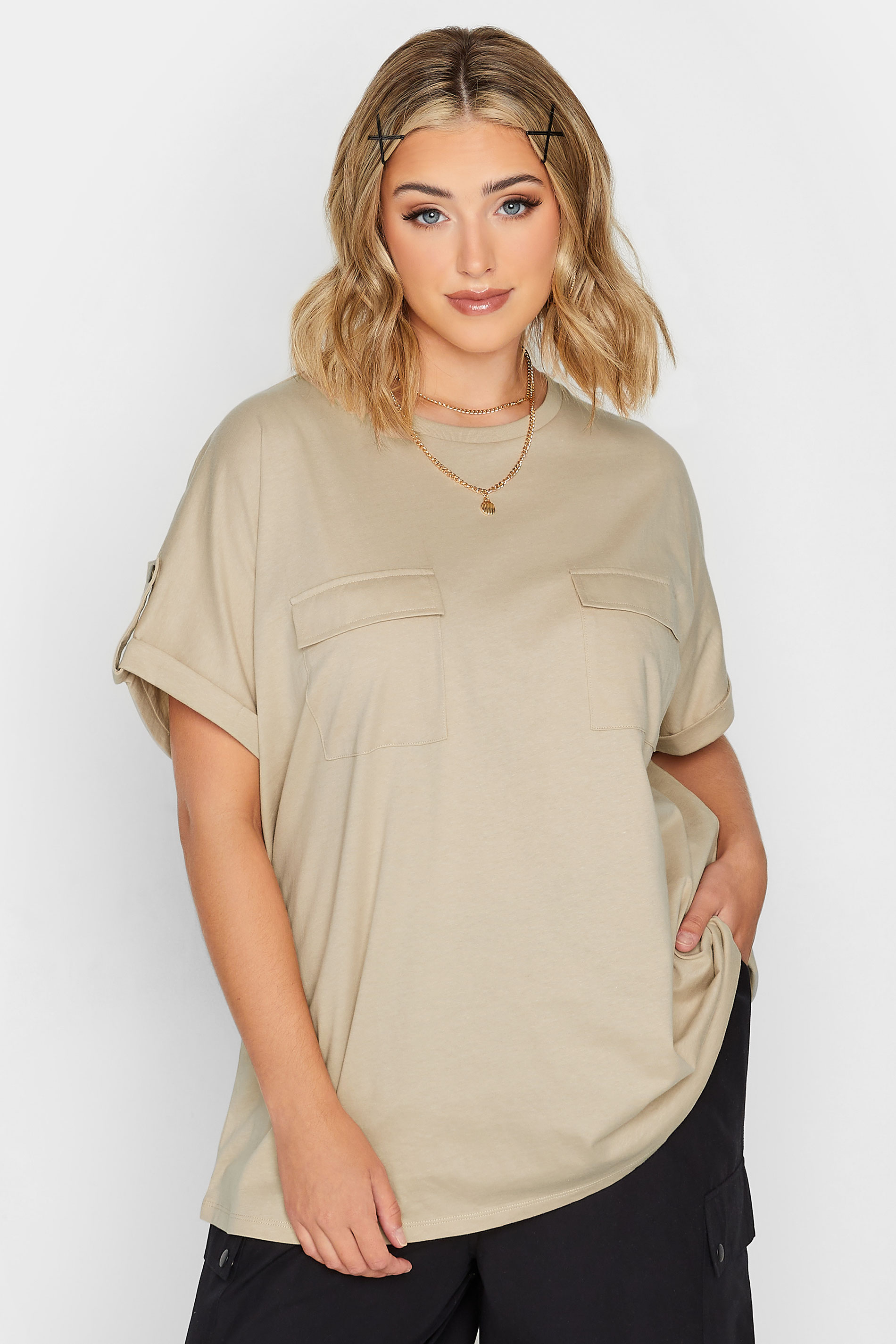 LIMITED COLLECTION Curve Plus Size Natural Brown Pocket T-Shirt | Yours Clothing  1