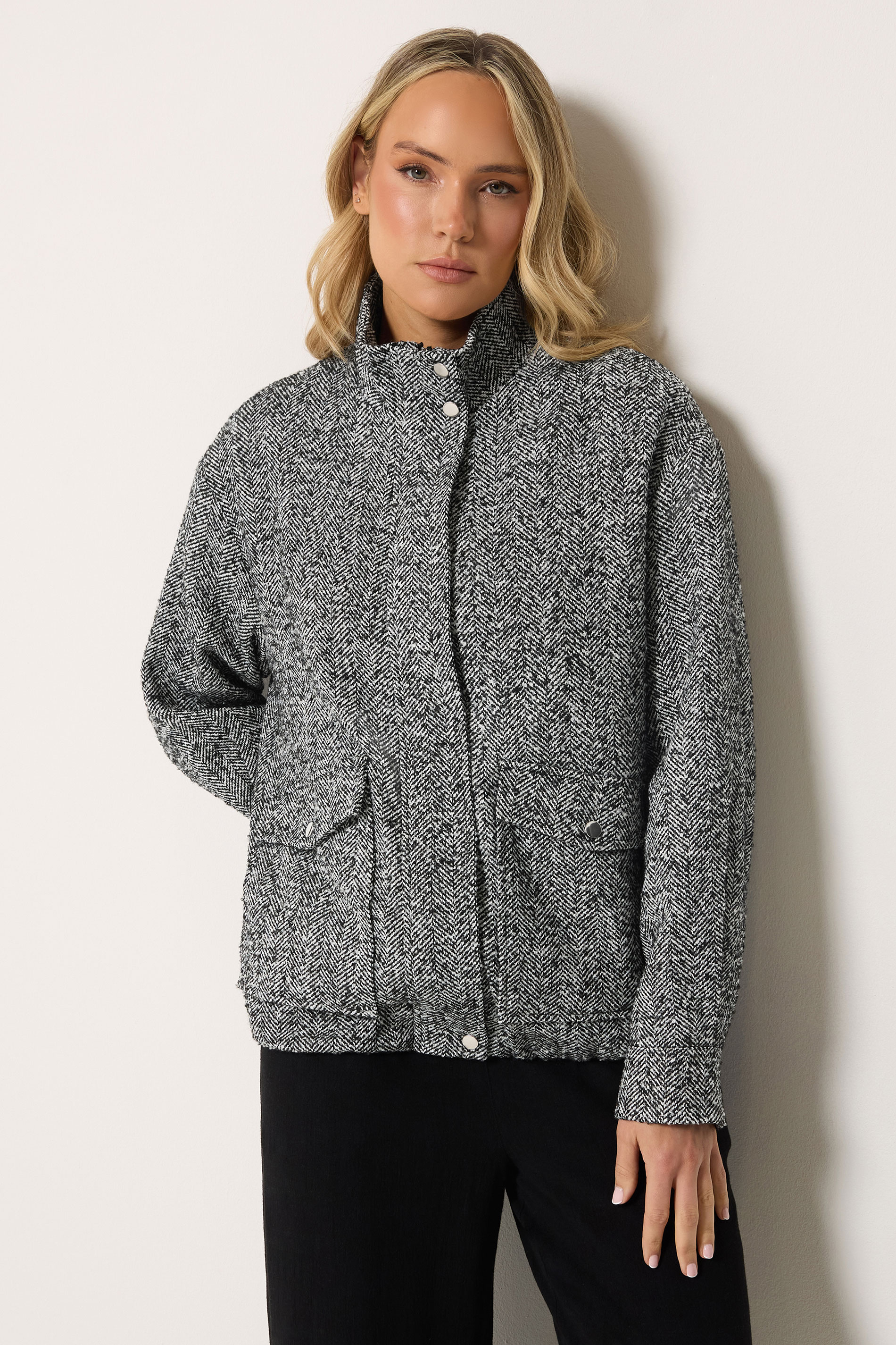 LTS Tall Women's Black Herringbone Funnel Neck Jacket | Long Tall Sally 3