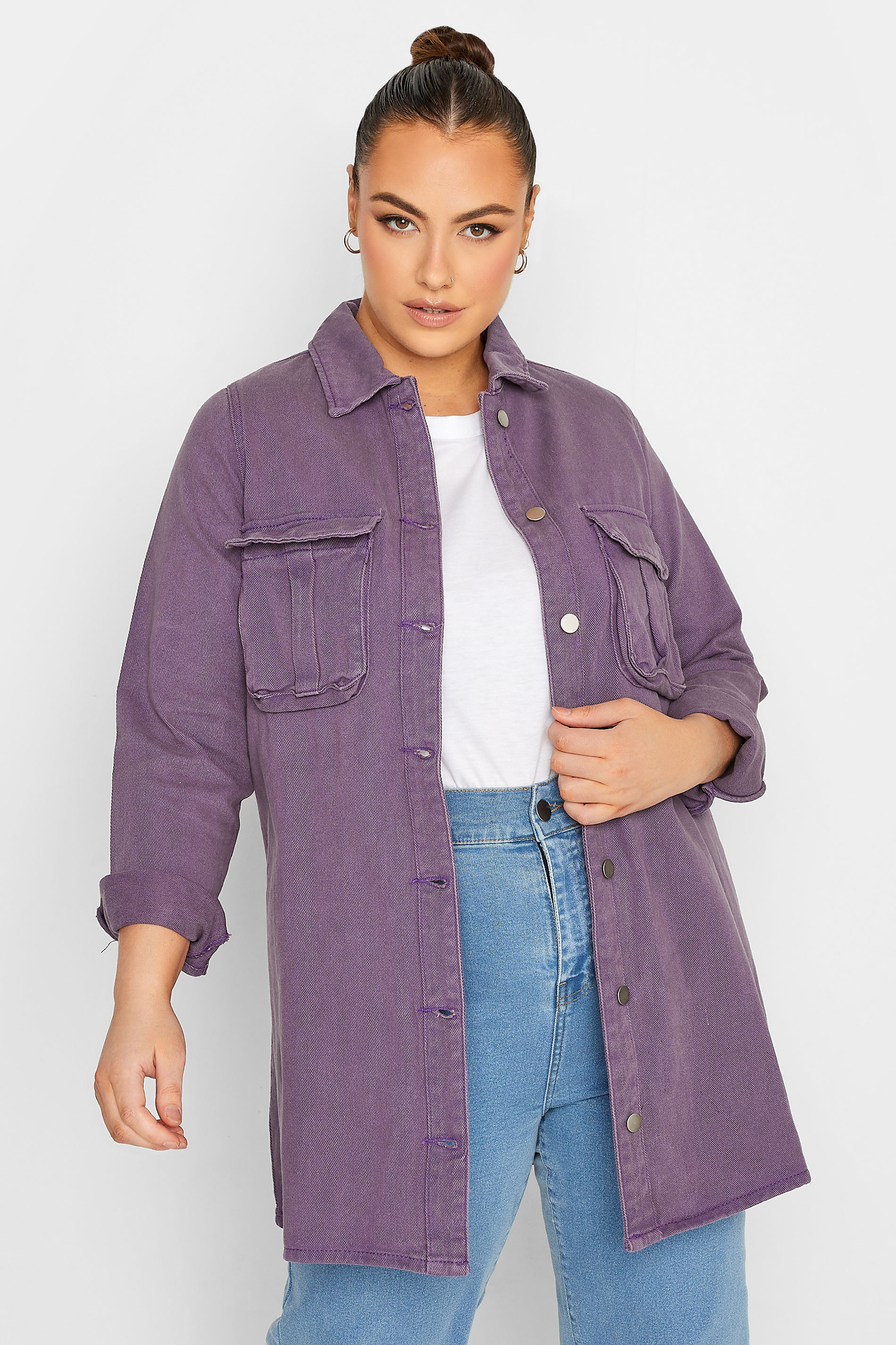 LIMITED COLLECTION Plus Size Purple Longline Denim Jacket | Yours Clothing 1